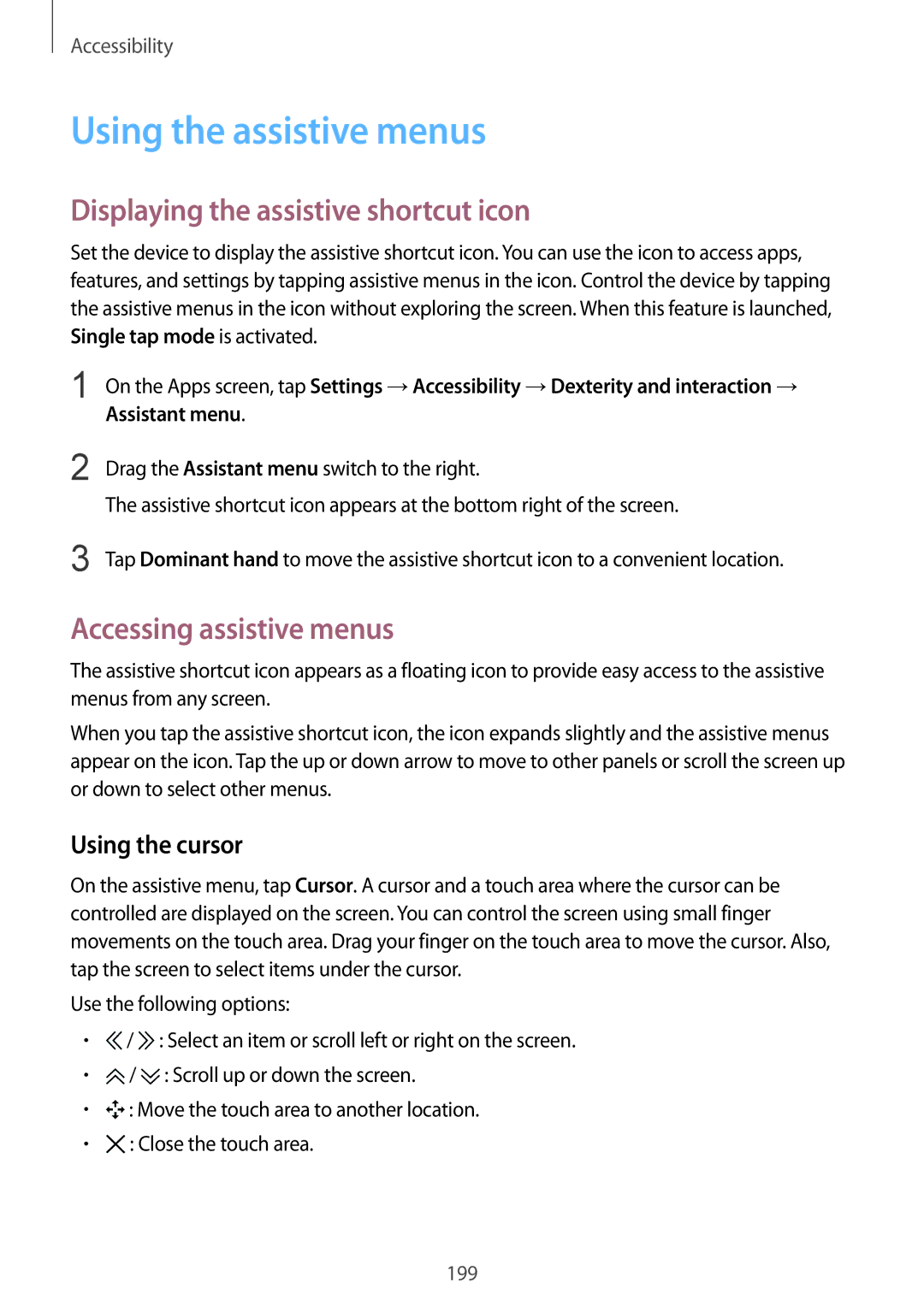 Samsung SM-G900IZBAKSA manual Using the assistive menus, Displaying the assistive shortcut icon, Accessing assistive menus 