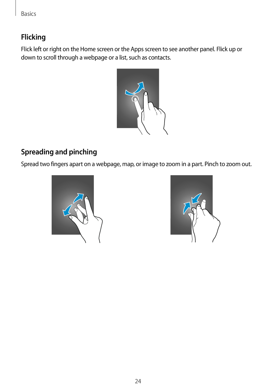 Samsung SM-G900IZKAKSA, SM-G900IZDAKSA, SM-G900IZWAKSA, SM-G900IZBAKSA manual Flicking, Spreading and pinching 