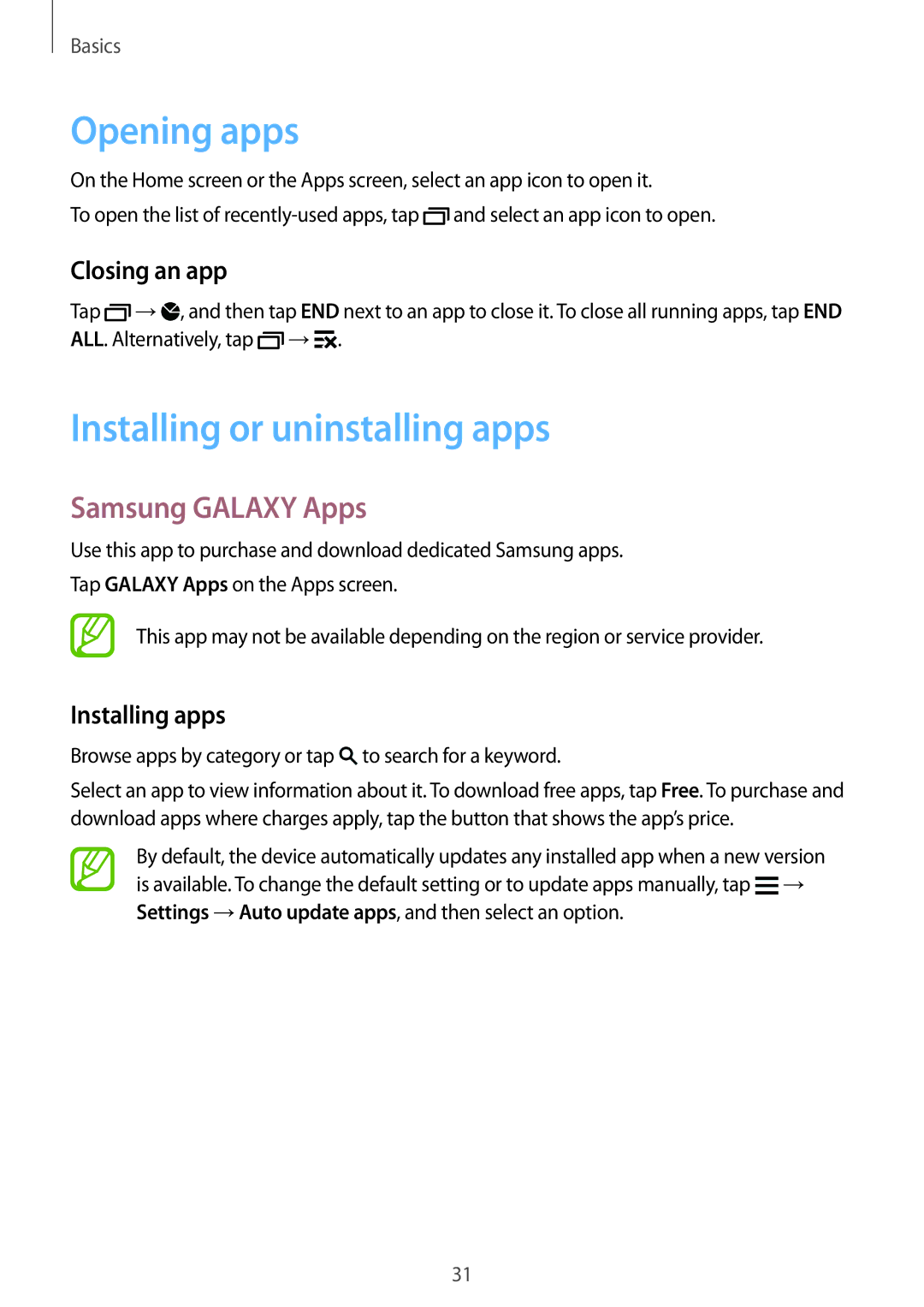 Samsung SM-G900IZBAKSA Opening apps, Installing or uninstalling apps, Samsung Galaxy Apps, Closing an app, Installing apps 