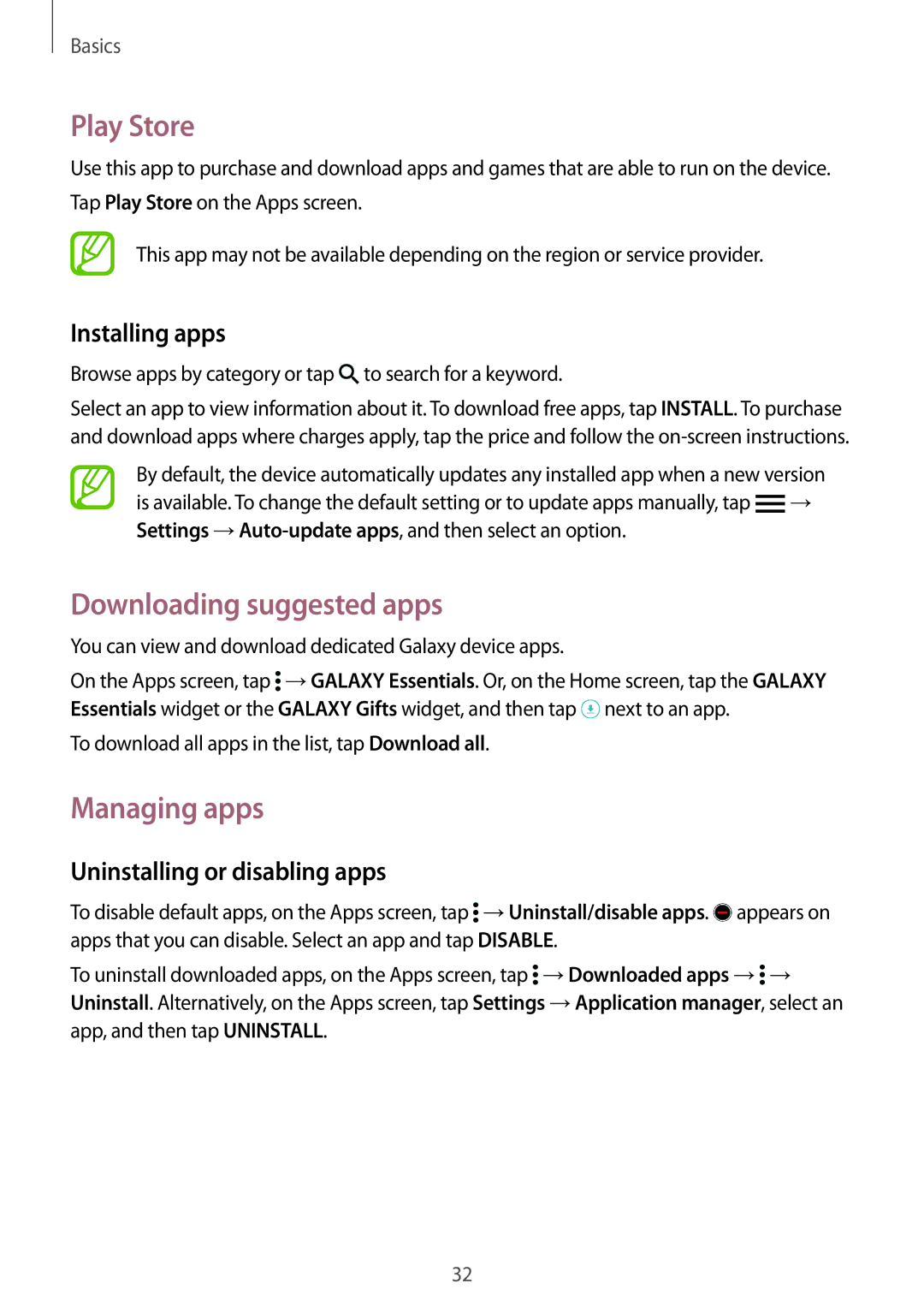 Samsung SM-G900IZKAKSA manual Play Store, Downloading suggested apps, Managing apps, Uninstalling or disabling apps 