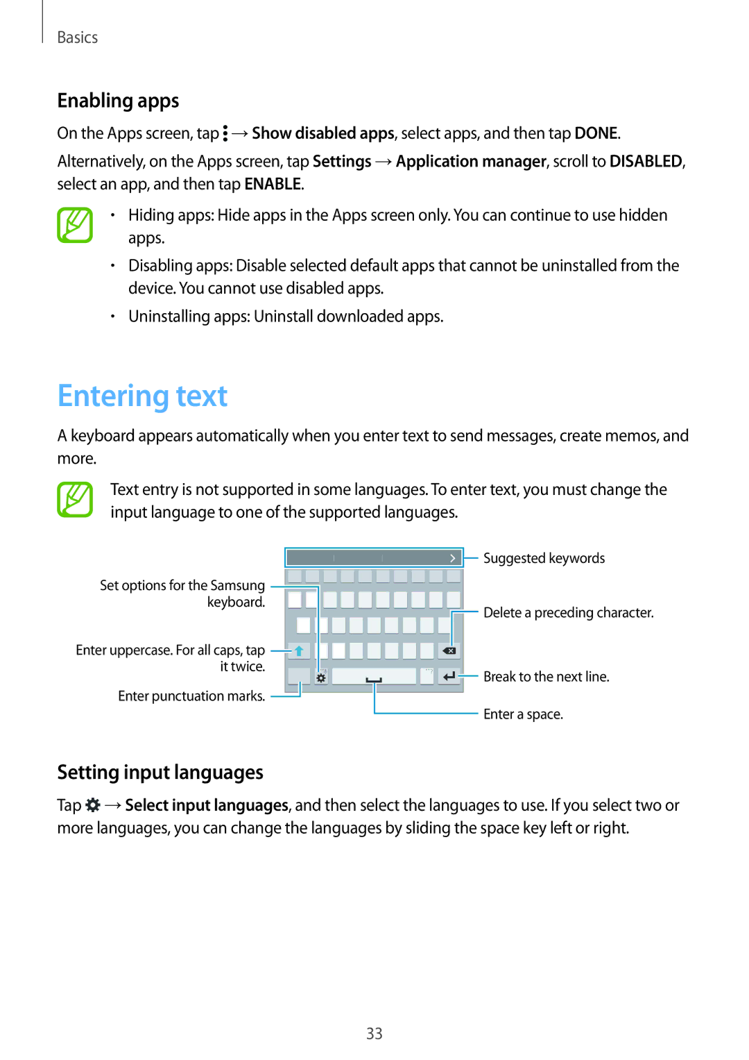 Samsung SM-G900IZDAKSA, SM-G900IZKAKSA, SM-G900IZWAKSA, SM-G900IZBAKSA Entering text, Enabling apps, Setting input languages 