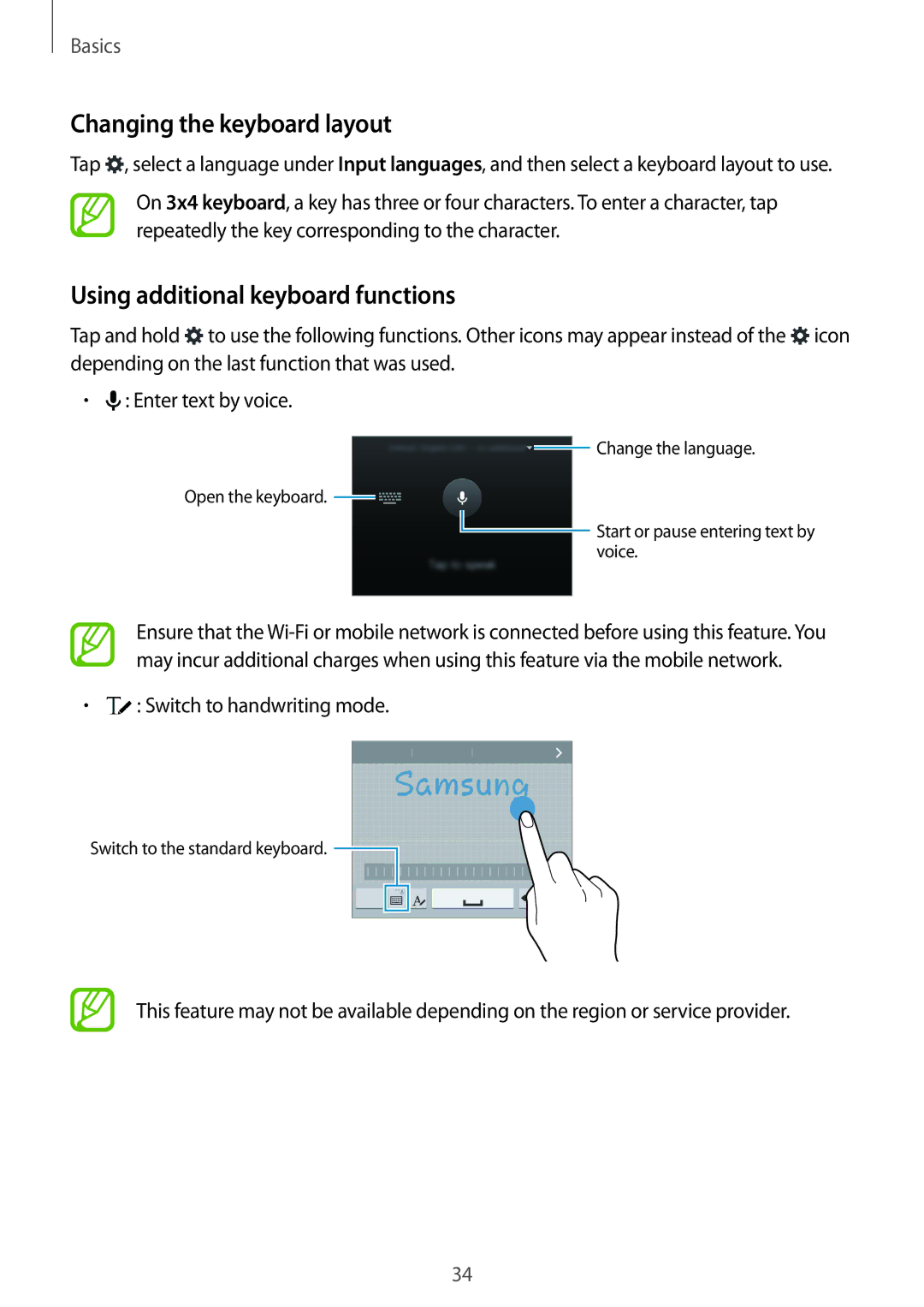 Samsung SM-G900IZWAKSA manual Changing the keyboard layout, Using additional keyboard functions, Switch to handwriting mode 