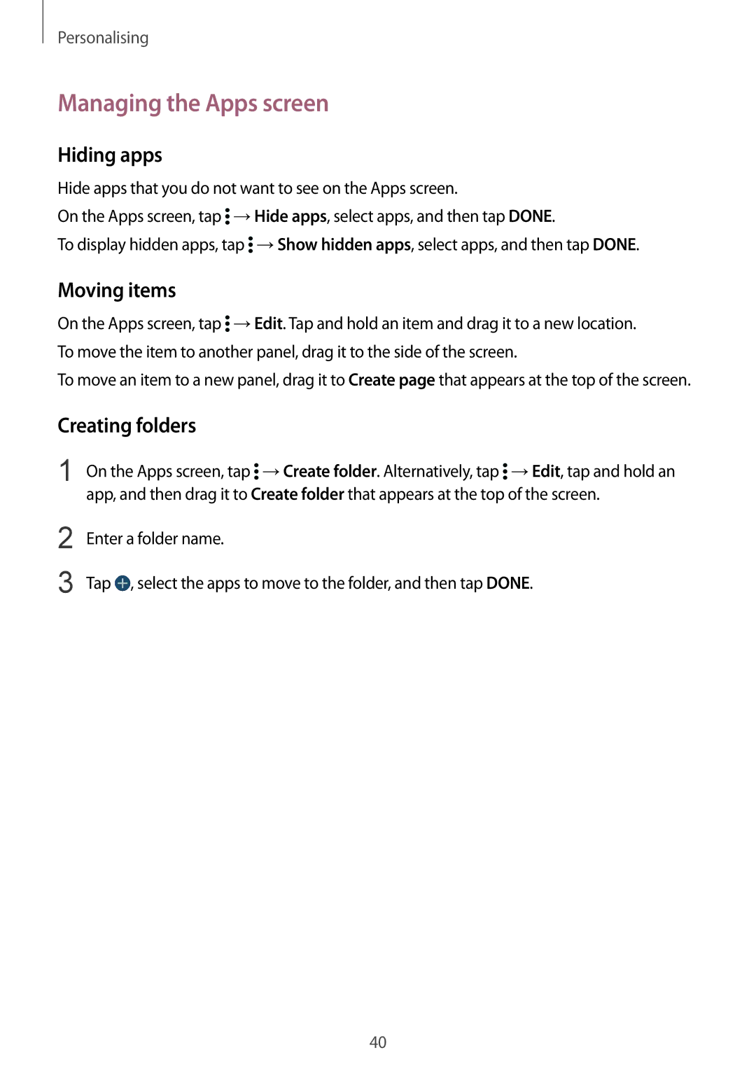 Samsung SM-G900IZKAKSA, SM-G900IZDAKSA manual Managing the Apps screen, Hiding apps, Moving items, Creating folders 