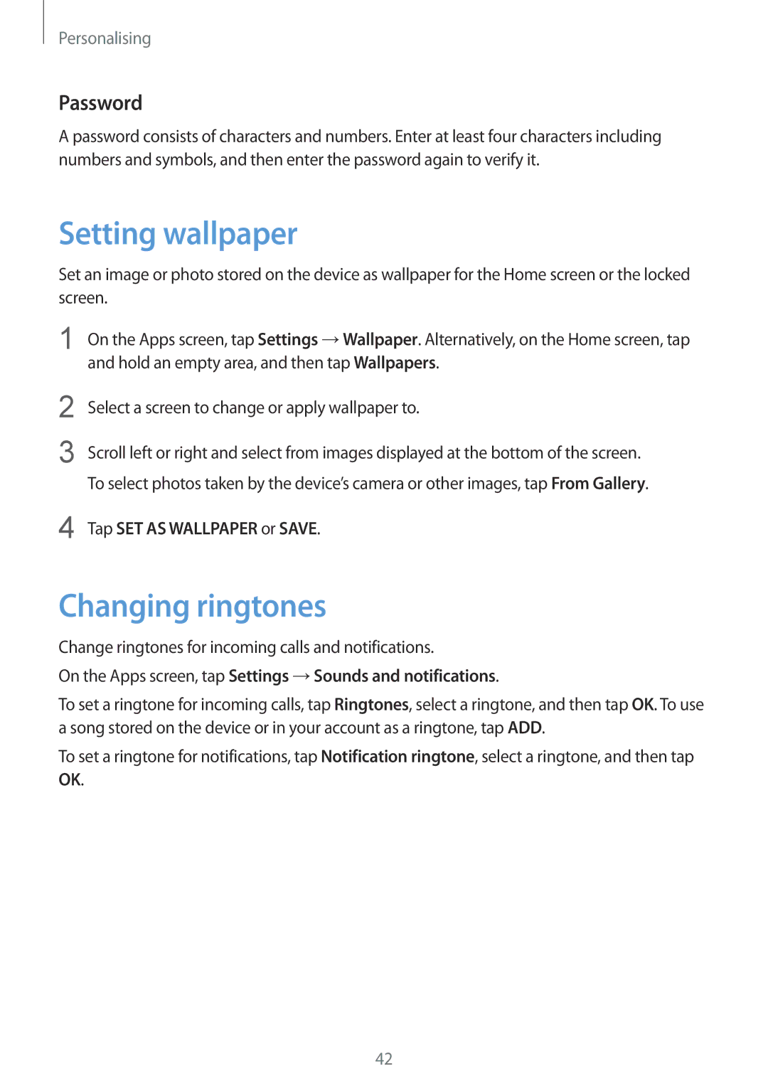Samsung SM-G900IZWAKSA, SM-G900IZKAKSA manual Setting wallpaper, Changing ringtones, Password, Tap SET AS Wallpaper or Save 