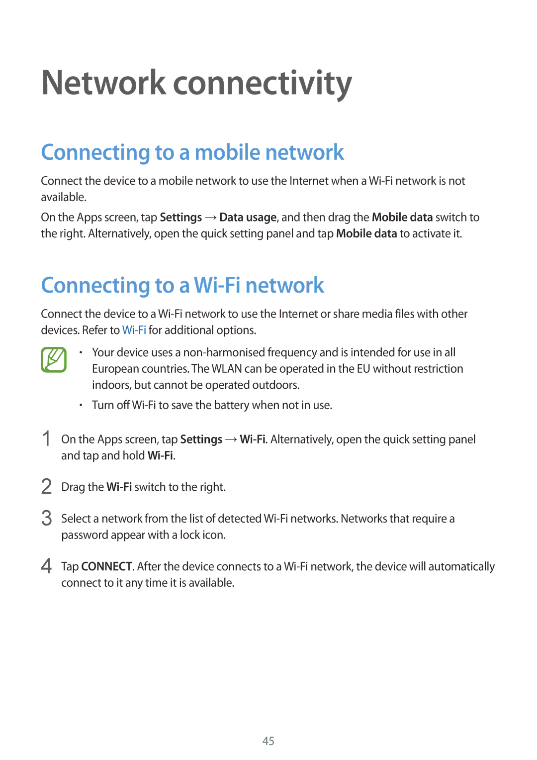 Samsung SM-G900IZDAKSA, SM-G900IZKAKSA Network connectivity, Connecting to a mobile network, Connecting to a Wi-Fi network 