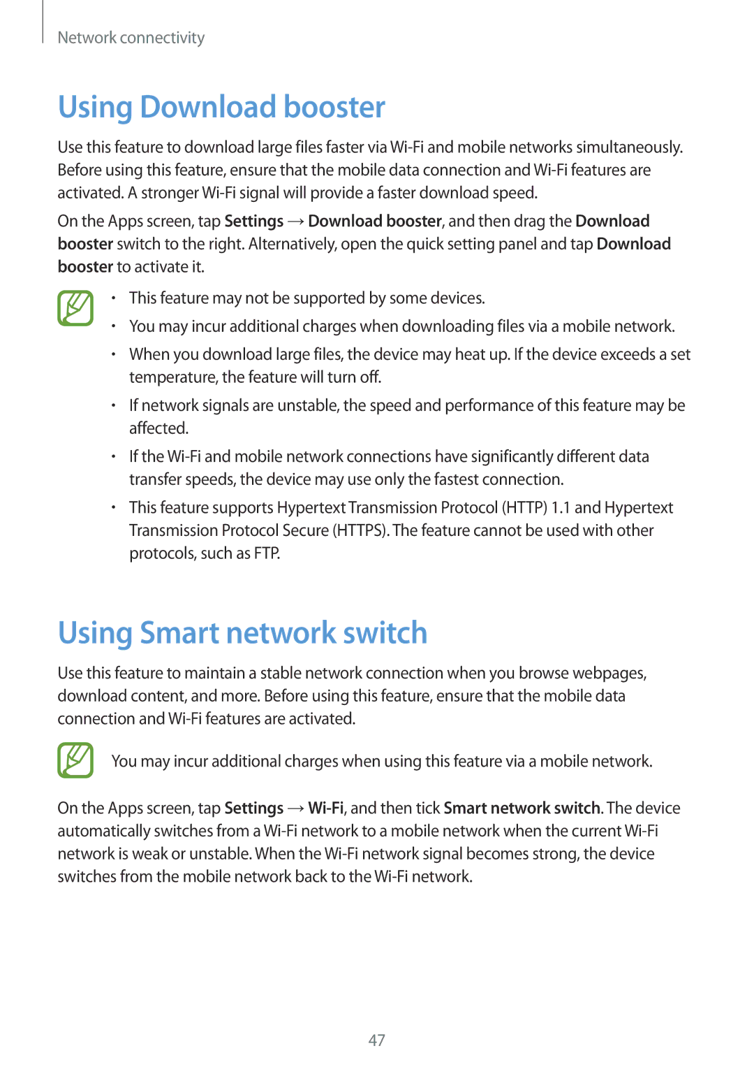 Samsung SM-G900IZBAKSA, SM-G900IZKAKSA, SM-G900IZDAKSA, SM-G900IZWAKSA Using Download booster, Using Smart network switch 