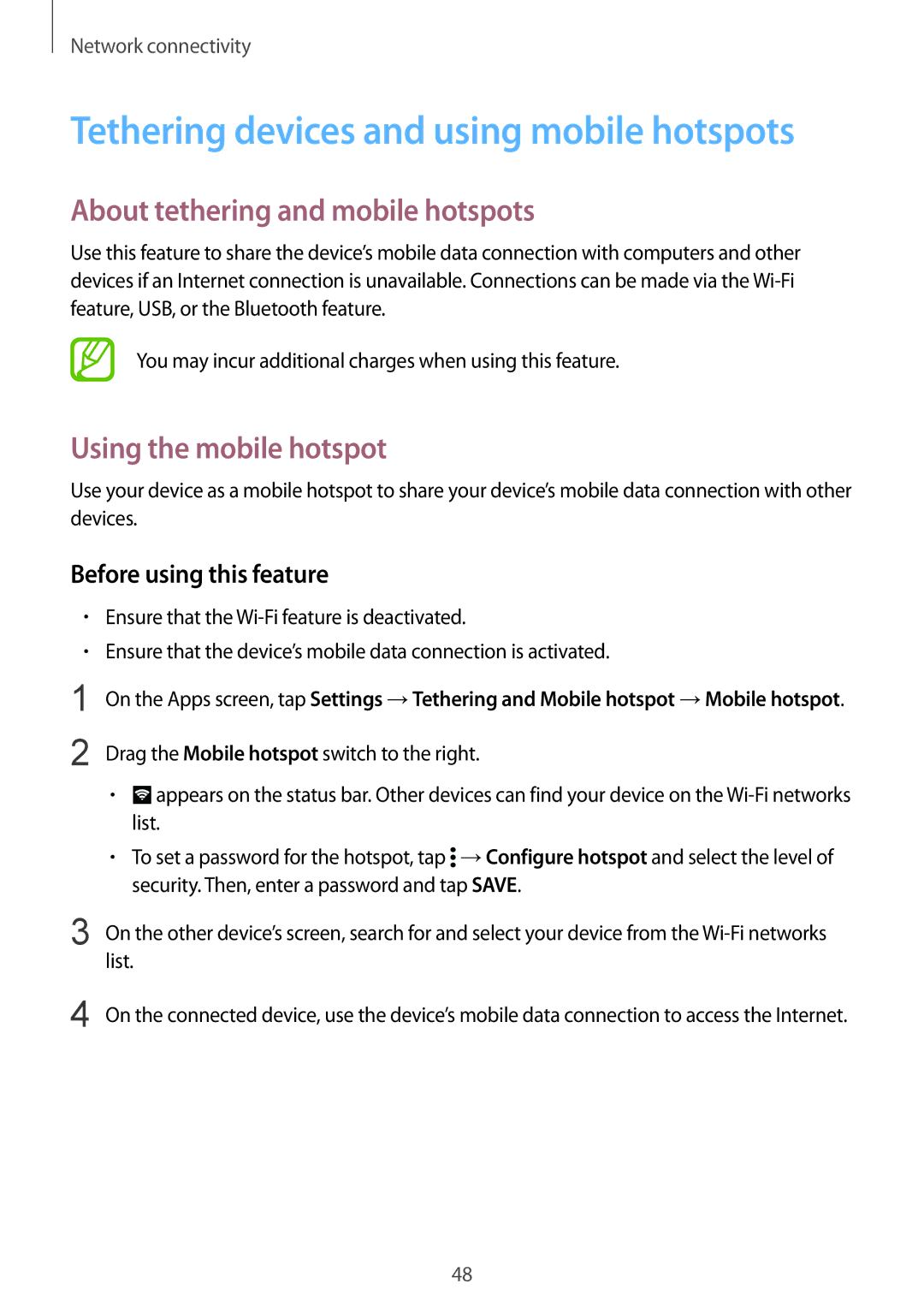 Samsung SM-G900IZKAKSA, SM-G900IZDAKSA Tethering devices and using mobile hotspots, About tethering and mobile hotspots 