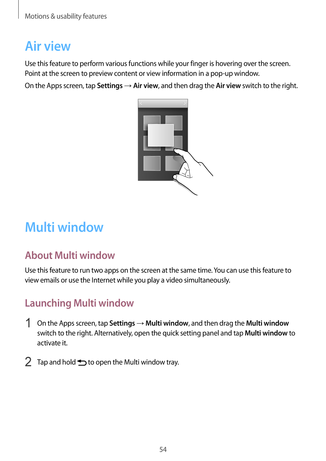 Samsung SM-G900IZWAKSA, SM-G900IZKAKSA, SM-G900IZDAKSA manual Air view, About Multi window, Launching Multi window 