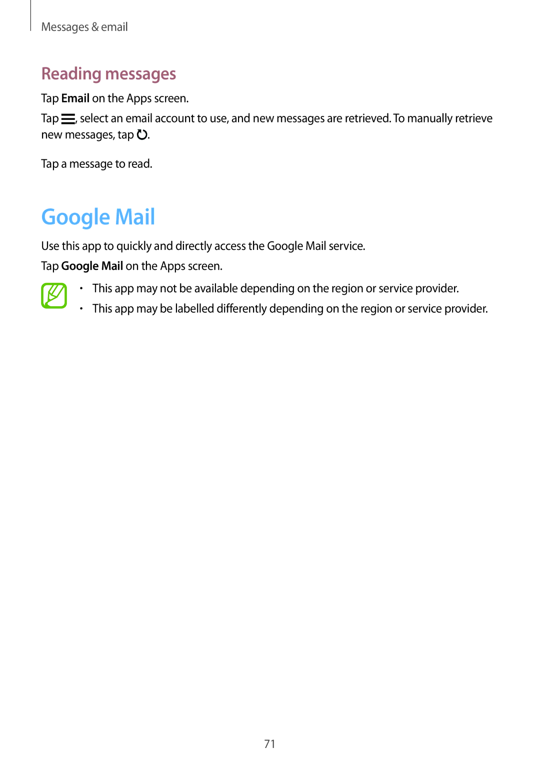 Samsung SM-G900IZBAKSA, SM-G900IZKAKSA, SM-G900IZDAKSA, SM-G900IZWAKSA manual Google Mail, Reading messages 