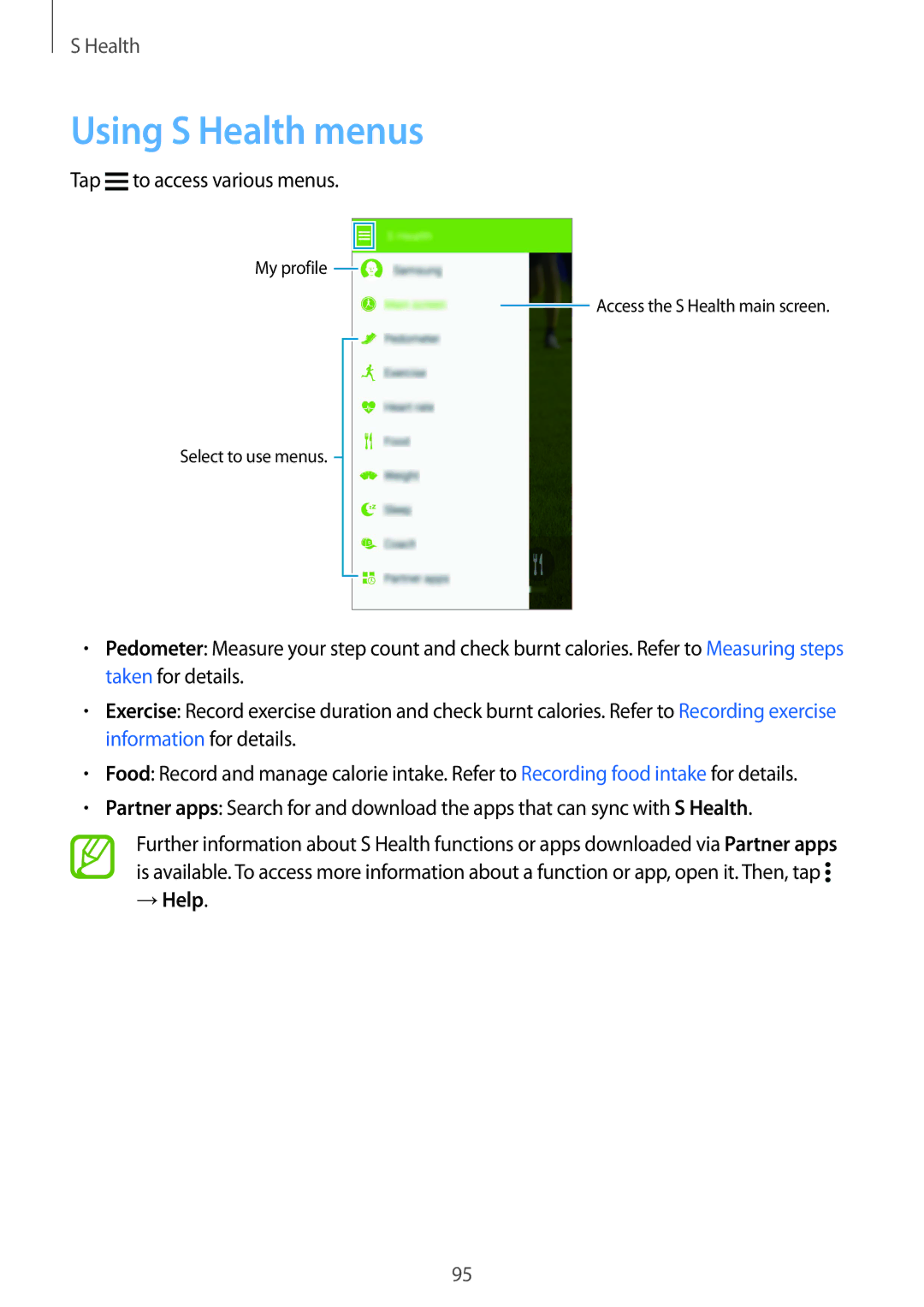 Samsung SM-G900IZBAKSA, SM-G900IZKAKSA, SM-G900IZDAKSA manual Using S Health menus, Tap to access various menus, → Help 