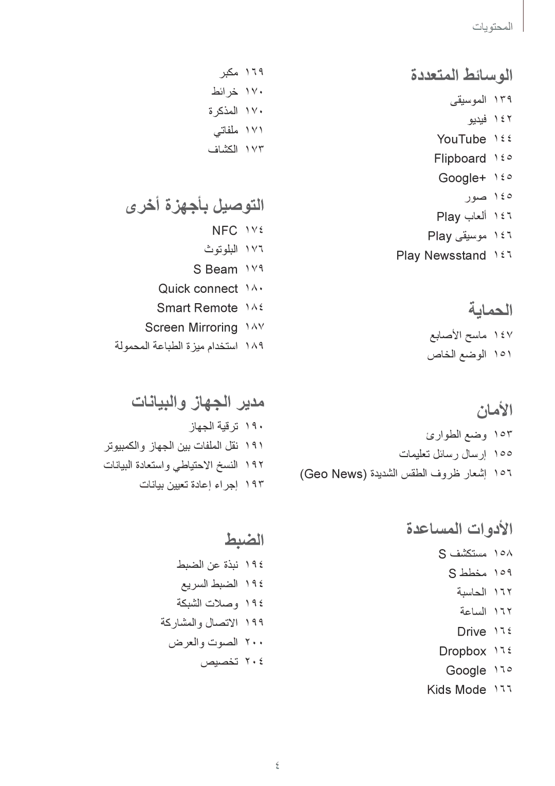 Samsung SM-G900IZKAKSA, SM-G900IZDAKSA manual ربكم 169 طئارخ 170 ةركذملا 170 يتافلم 171 فاشكلا, عباصلأا حسام 147 صاخلا عضولا 