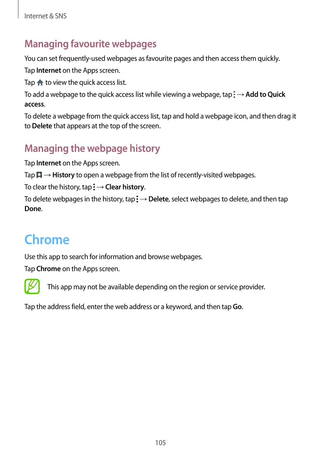 Samsung SM-G900IZDAKSA, SM-G900IZKAKSA manual Chrome, Managing favourite webpages, Managing the webpage history, Access 