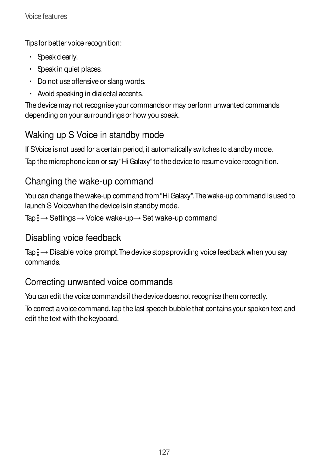 Samsung SM-G900IZBAKSA manual Waking up S Voice in standby mode, Changing the wake-up command, Disabling voice feedback 