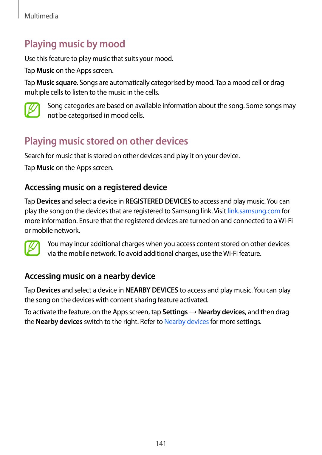 Samsung SM-G900IZDAKSA Playing music by mood, Playing music stored on other devices, Accessing music on a nearby device 