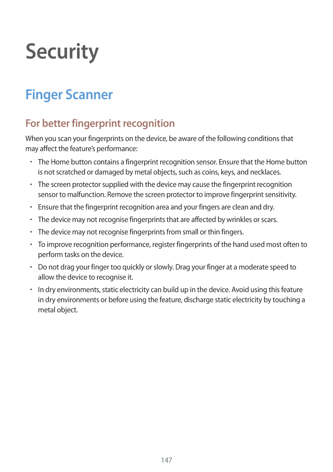 Samsung SM-G900IZBAKSA, SM-G900IZKAKSA, SM-G900IZDAKSA manual Security, Finger Scanner, For better fingerprint recognition 