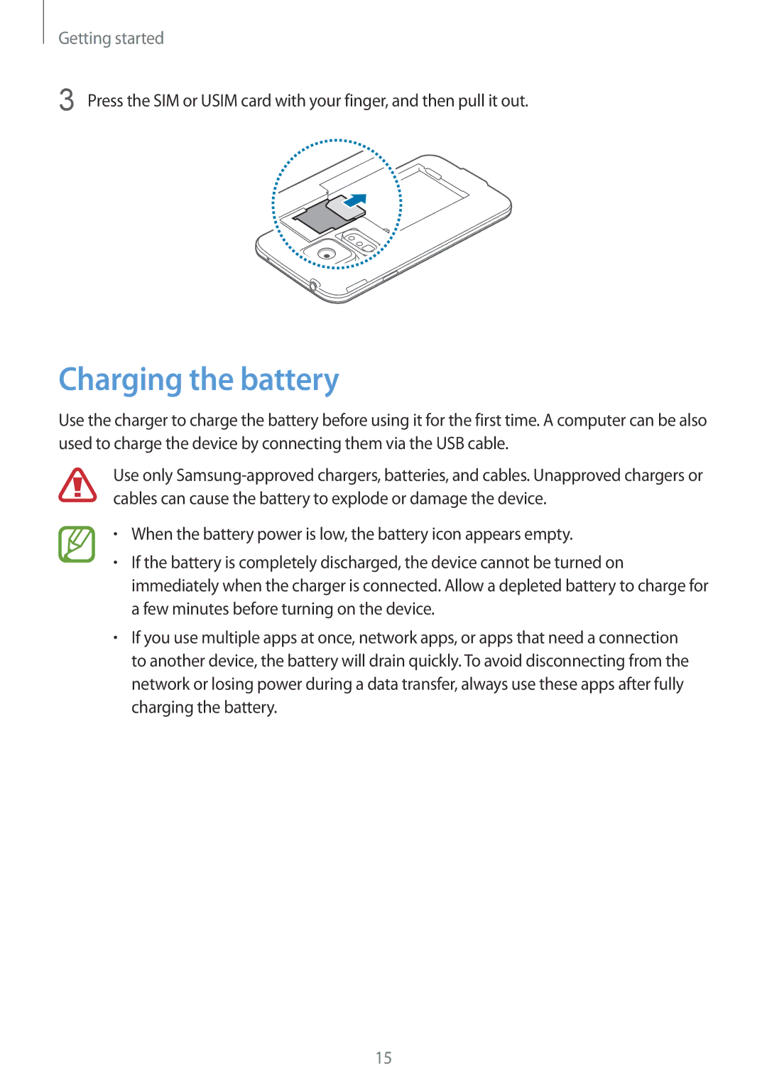 Samsung SM-G900IZBAKSA, SM-G900IZKAKSA, SM-G900IZDAKSA, SM-G900IZWAKSA manual Charging the battery 