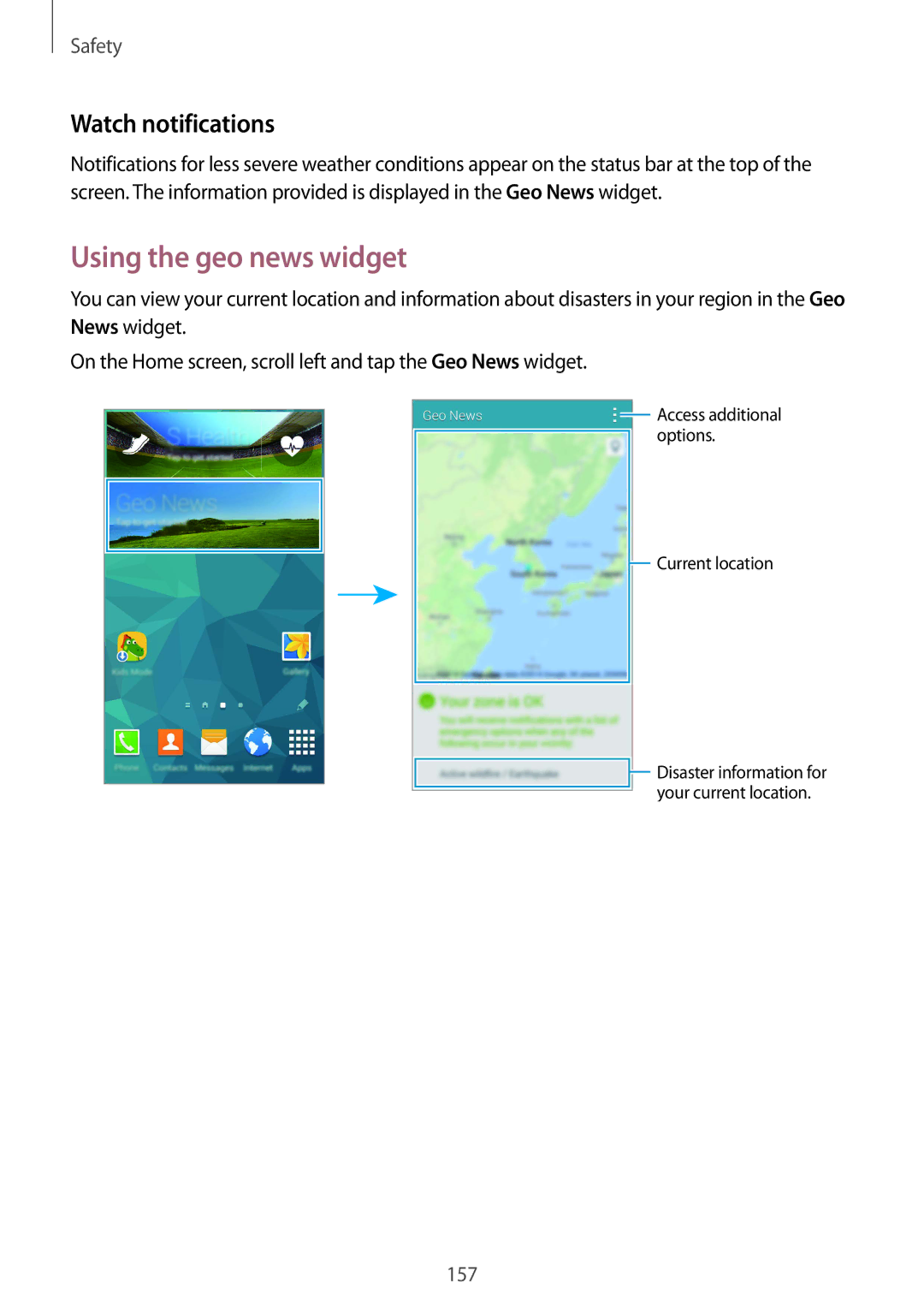 Samsung SM-G900IZDAKSA, SM-G900IZKAKSA, SM-G900IZWAKSA, SM-G900IZBAKSA manual Using the geo news widget, Watch notifications 