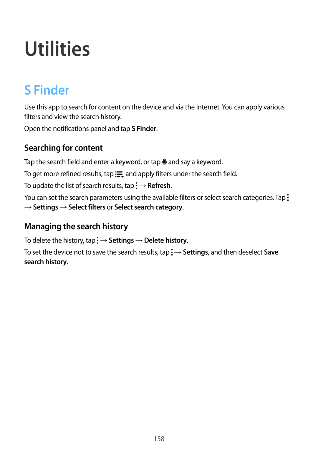 Samsung SM-G900IZWAKSA, SM-G900IZKAKSA manual Utilities, Finder, Searching for content, Managing the search history 