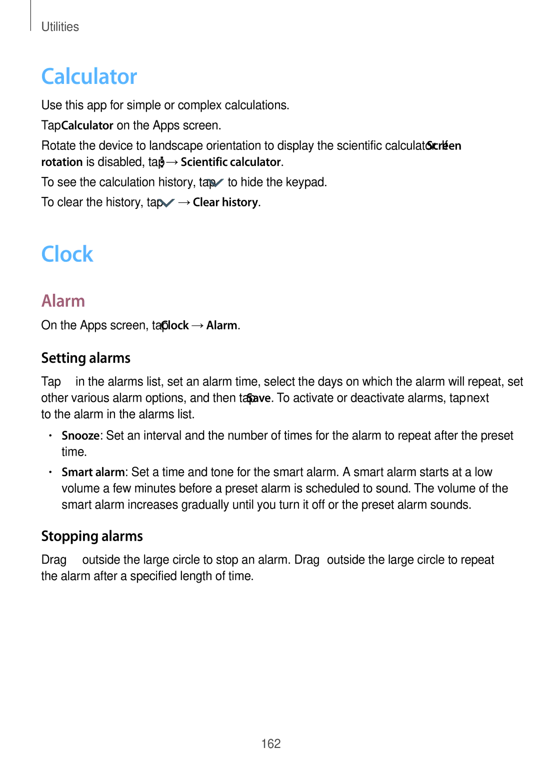 Samsung SM-G900IZWAKSA, SM-G900IZKAKSA, SM-G900IZDAKSA manual Calculator, Clock, Alarm, Setting alarms, Stopping alarms 