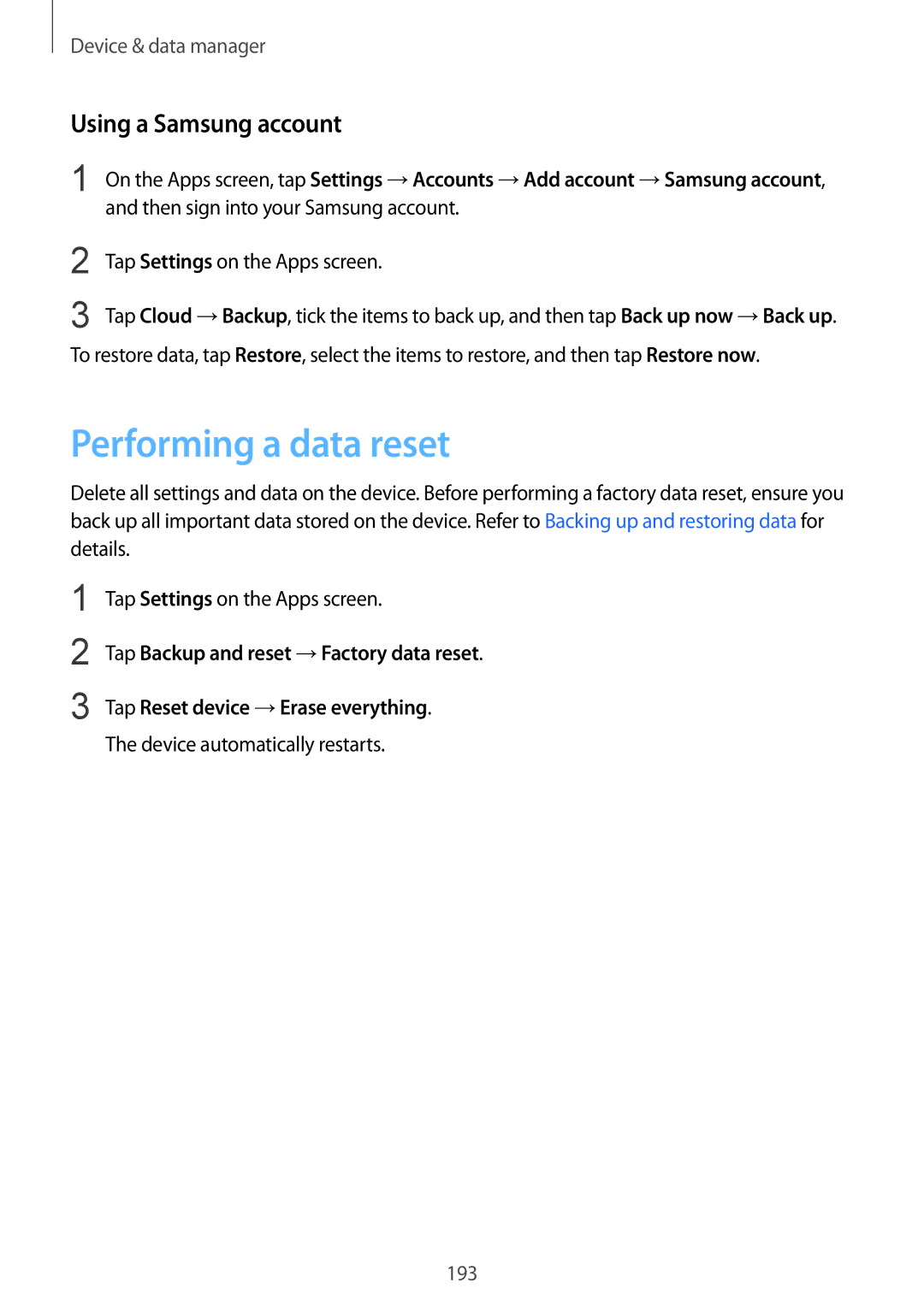 Samsung SM-G900IZDAKSA manual Performing a data reset, Using a Samsung account, Then sign into your Samsung account 