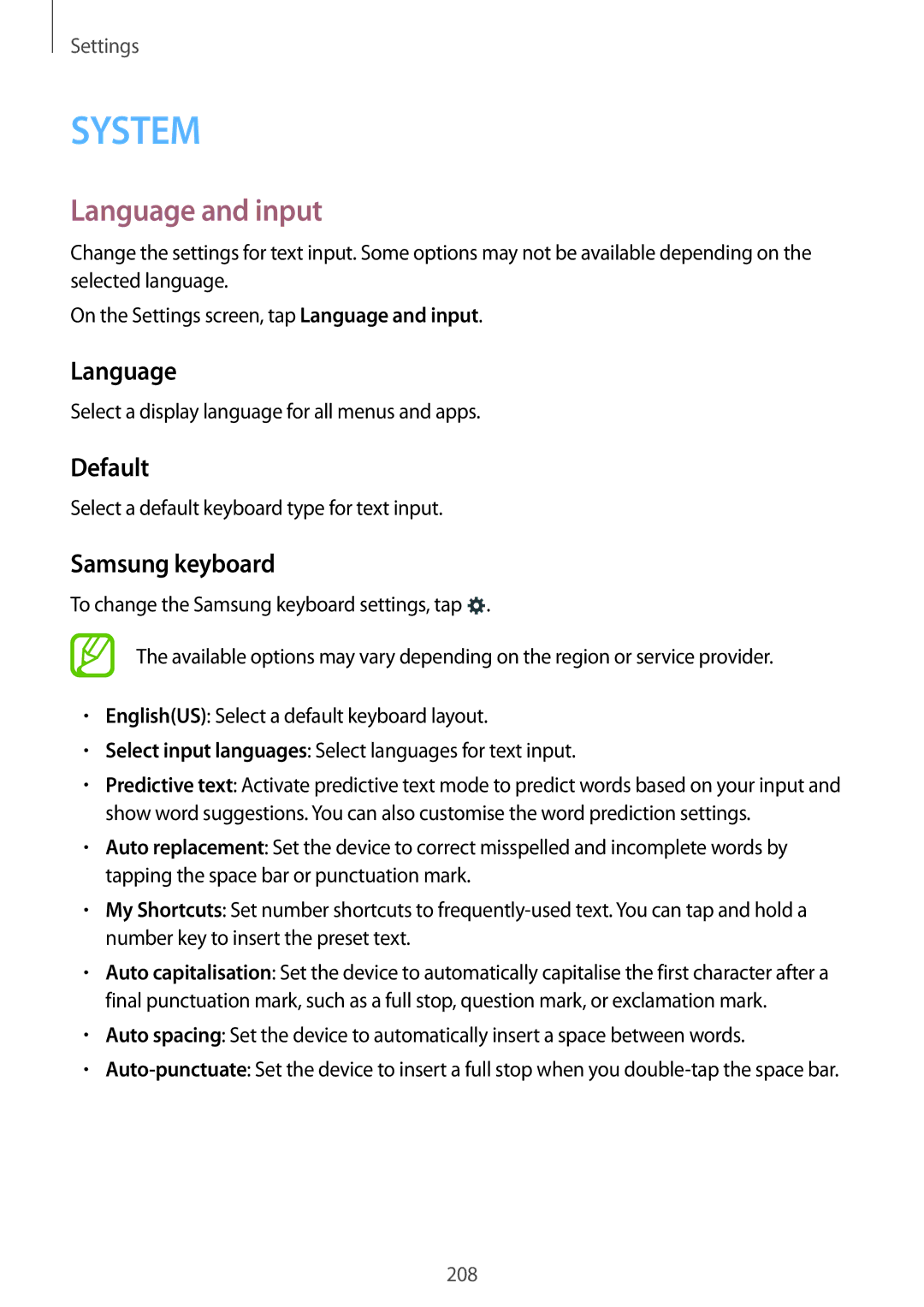 Samsung SM-G900IZKAKSA, SM-G900IZDAKSA, SM-G900IZWAKSA, SM-G900IZBAKSA manual Language and input, Default, Samsung keyboard 