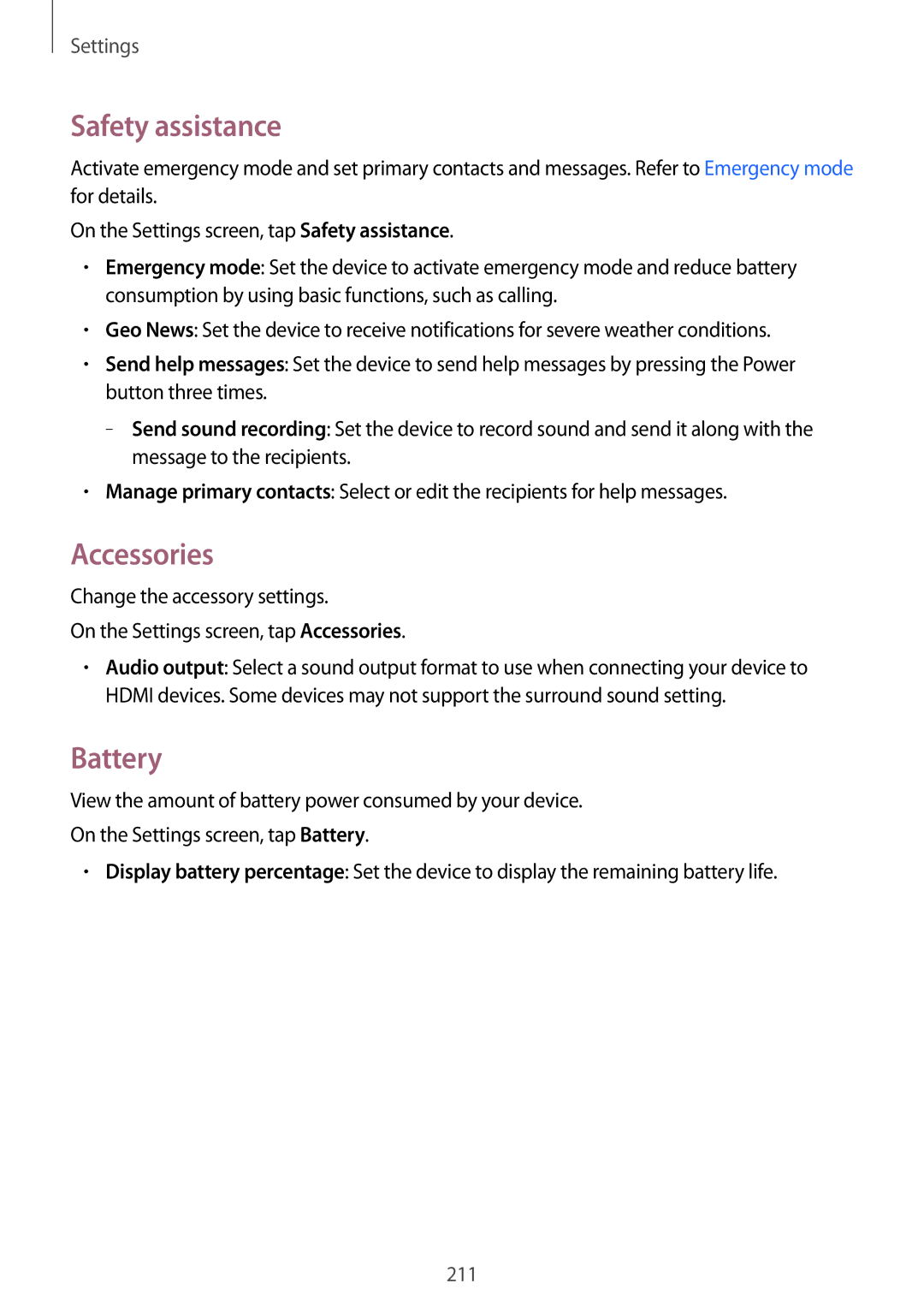 Samsung SM-G900IZBAKSA, SM-G900IZKAKSA, SM-G900IZDAKSA, SM-G900IZWAKSA manual Safety assistance, Accessories, Battery 