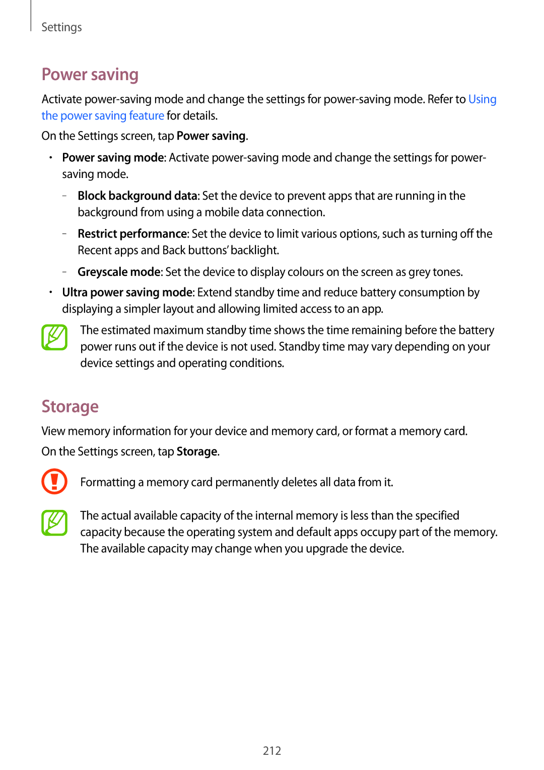 Samsung SM-G900IZKAKSA, SM-G900IZDAKSA, SM-G900IZWAKSA, SM-G900IZBAKSA manual Power saving, Storage 