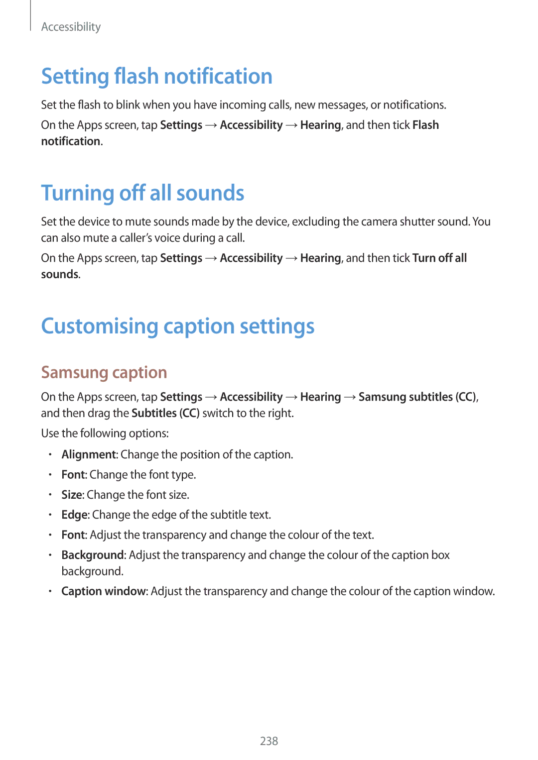 Samsung SM-G900IZWAKSA Setting flash notification, Turning off all sounds, Customising caption settings, Samsung caption 