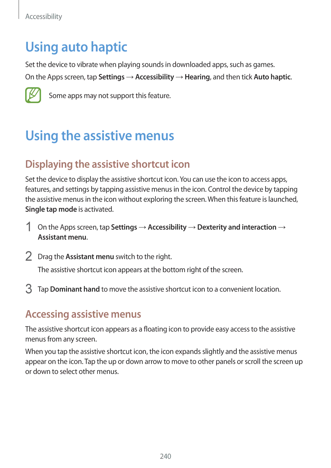 Samsung SM-G900IZKAKSA manual Using auto haptic, Using the assistive menus, Displaying the assistive shortcut icon 