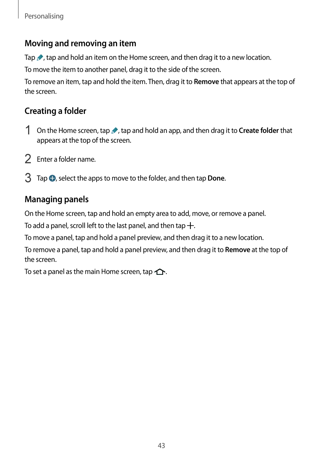 Samsung SM-G900IZBAKSA, SM-G900IZKAKSA, SM-G900IZDAKSA manual Moving and removing an item, Creating a folder, Managing panels 