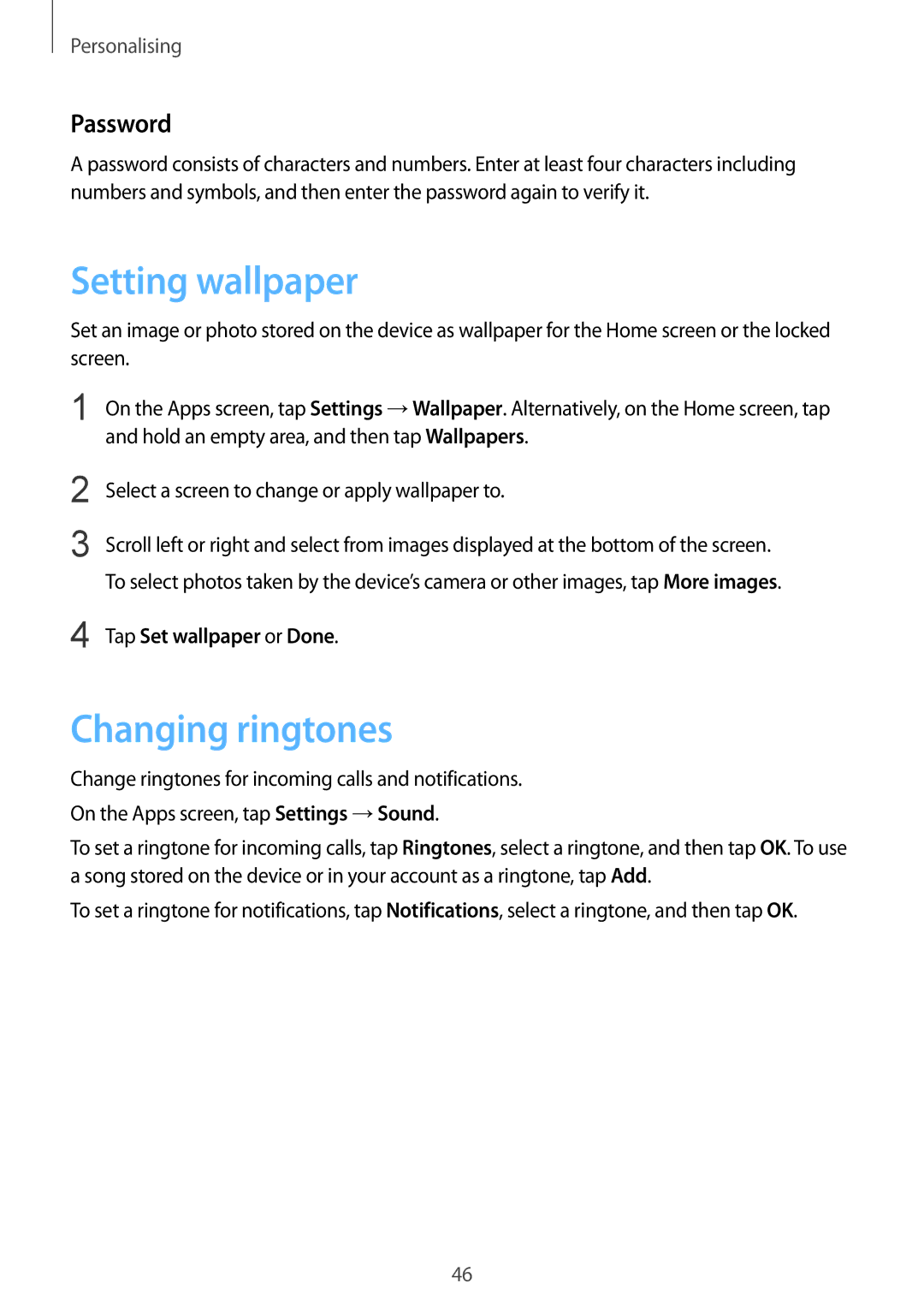 Samsung SM-G900IZWAKSA, SM-G900IZKAKSA manual Setting wallpaper, Changing ringtones, Password, Tap Set wallpaper or Done 