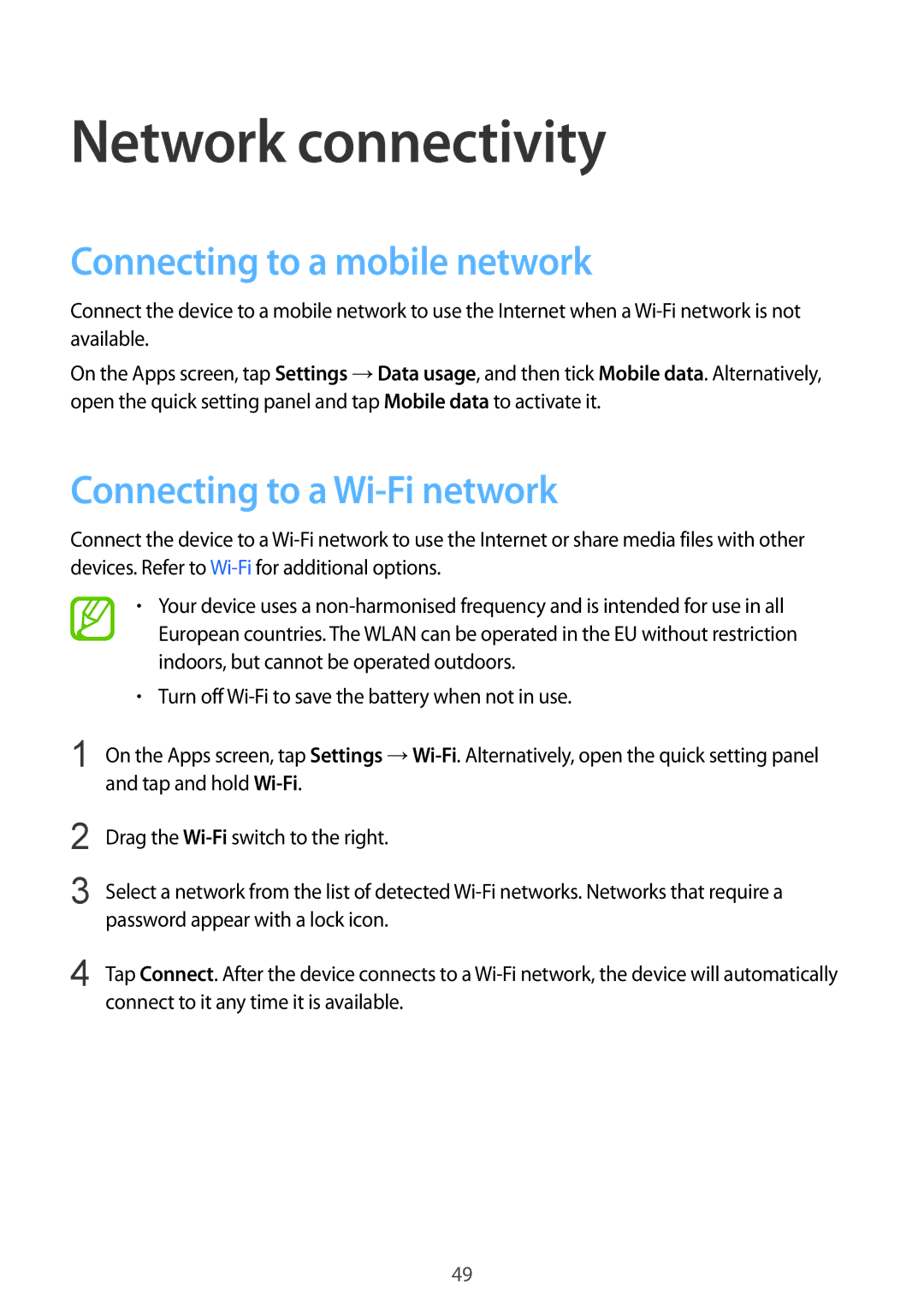 Samsung SM-G900IZDAKSA, SM-G900IZKAKSA Network connectivity, Connecting to a mobile network, Connecting to a Wi-Fi network 