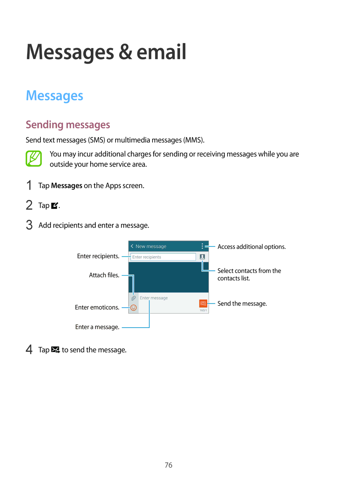 Samsung SM-G900IZKAKSA, SM-G900IZDAKSA, SM-G900IZWAKSA, SM-G900IZBAKSA manual Messages & email, Sending messages 