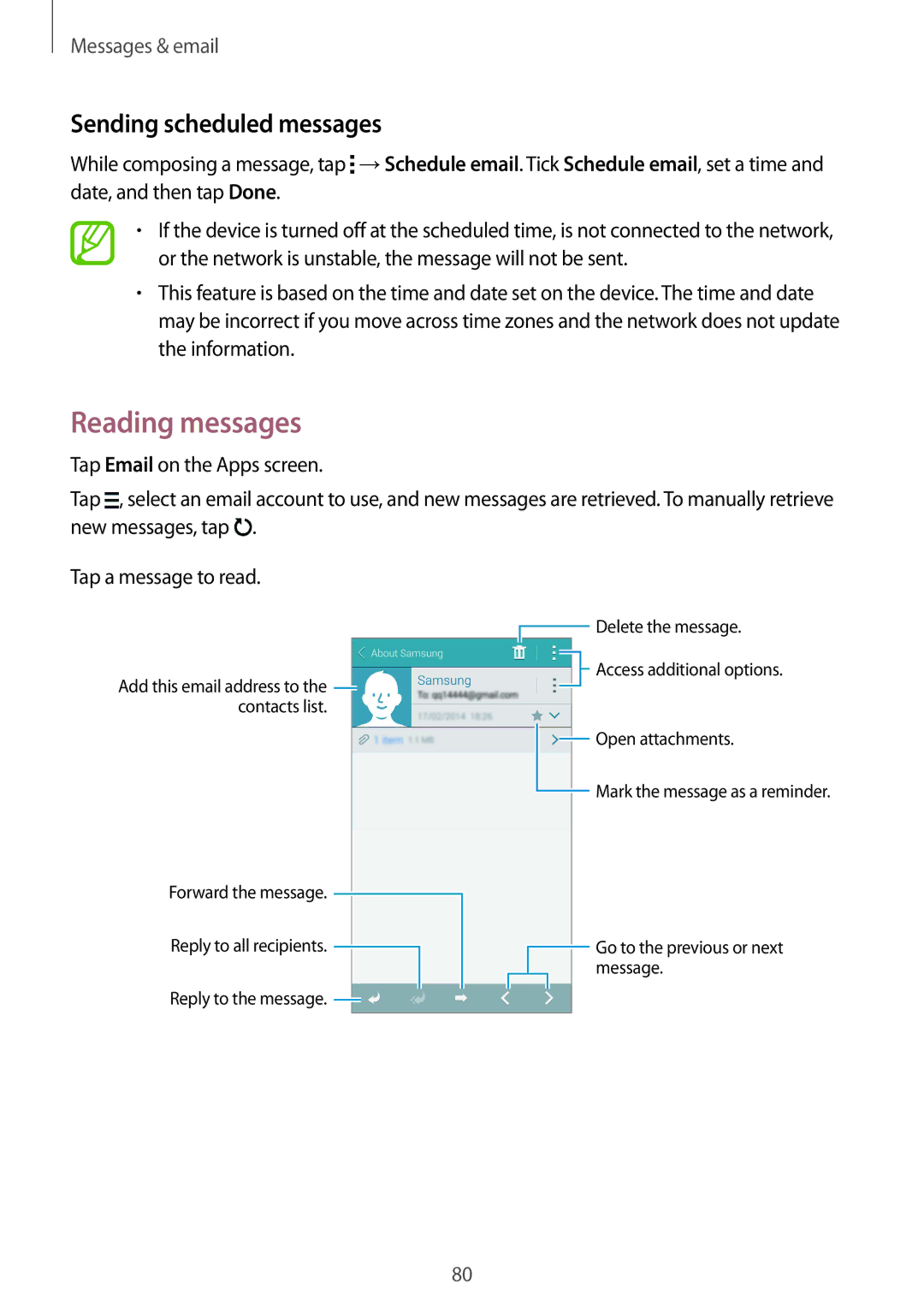 Samsung SM-G900IZKAKSA, SM-G900IZDAKSA, SM-G900IZWAKSA, SM-G900IZBAKSA manual Reading messages, Sending scheduled messages 