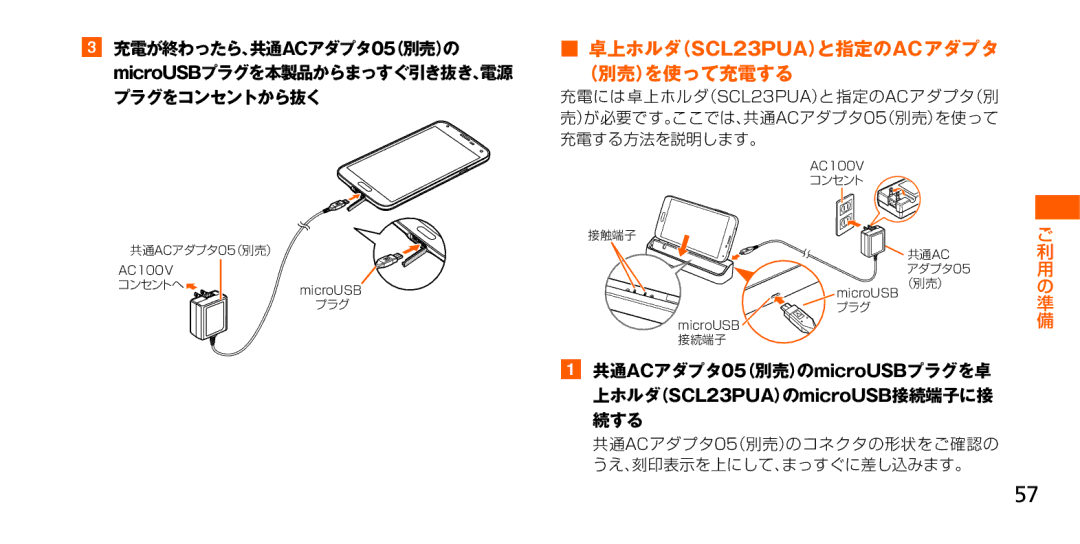 Samsung SM-G900JMDEKDI manual 卓上ホルダ（SCL23PUA）と指定のACアダプタ （別売）を使って充電する, 共通ACアダプタ05（別売）のコネクタの形状をご確認の うえ、刻印表示を上にして、まっすぐに差し込みます。 