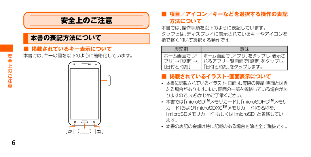 Samsung SM-G900JMDEKDI, SM-G900JZWEKDI 本書の表記方法について, 掲載されているキー表示について, 項目／アイコン／キーなどを選択する操作の表記 方法について, 掲載されているイラスト･画面表示について 