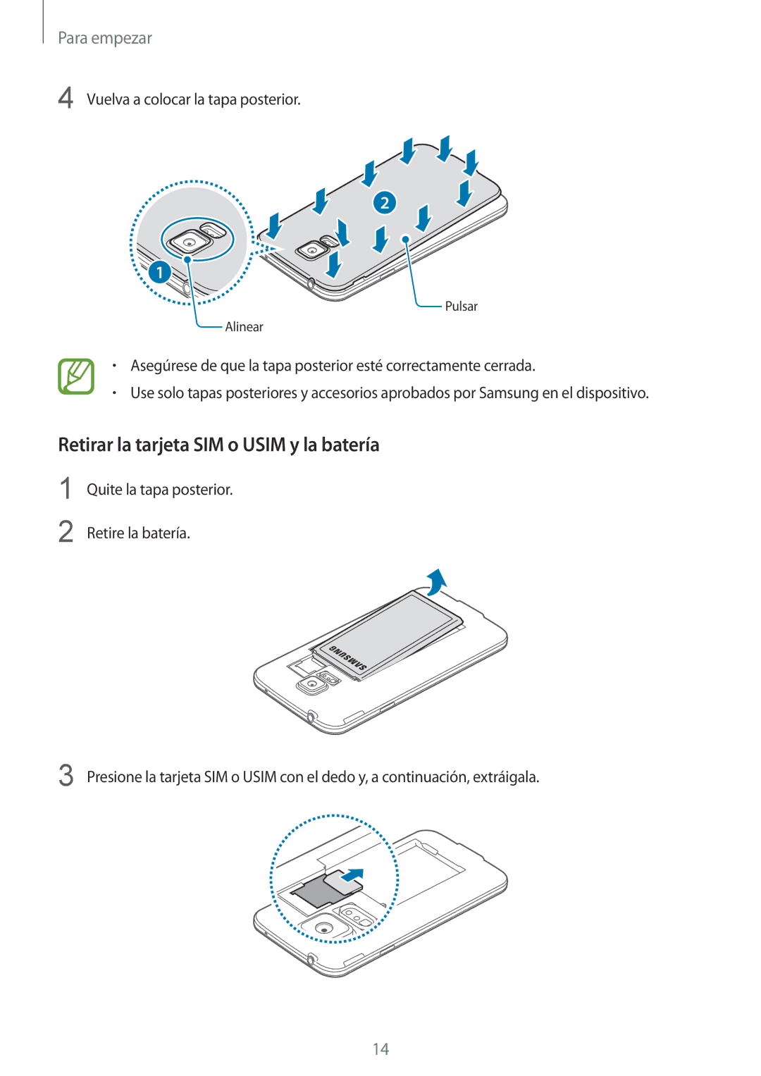 Samsung SM-G901FZBADTM, SM-G901FZKADBT, SM-G901FZDADTM, SM-G901FZKABOG manual Retirar la tarjeta SIM o Usim y la batería 