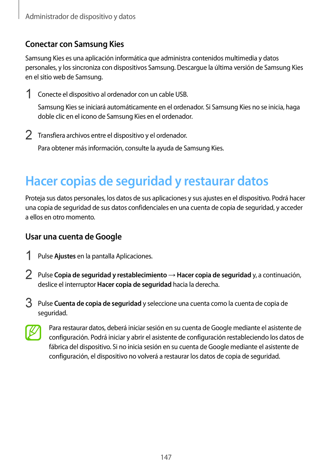 Samsung SM-G901FZBADTM Hacer copias de seguridad y restaurar datos, Conectar con Samsung Kies, Usar una cuenta de Google 