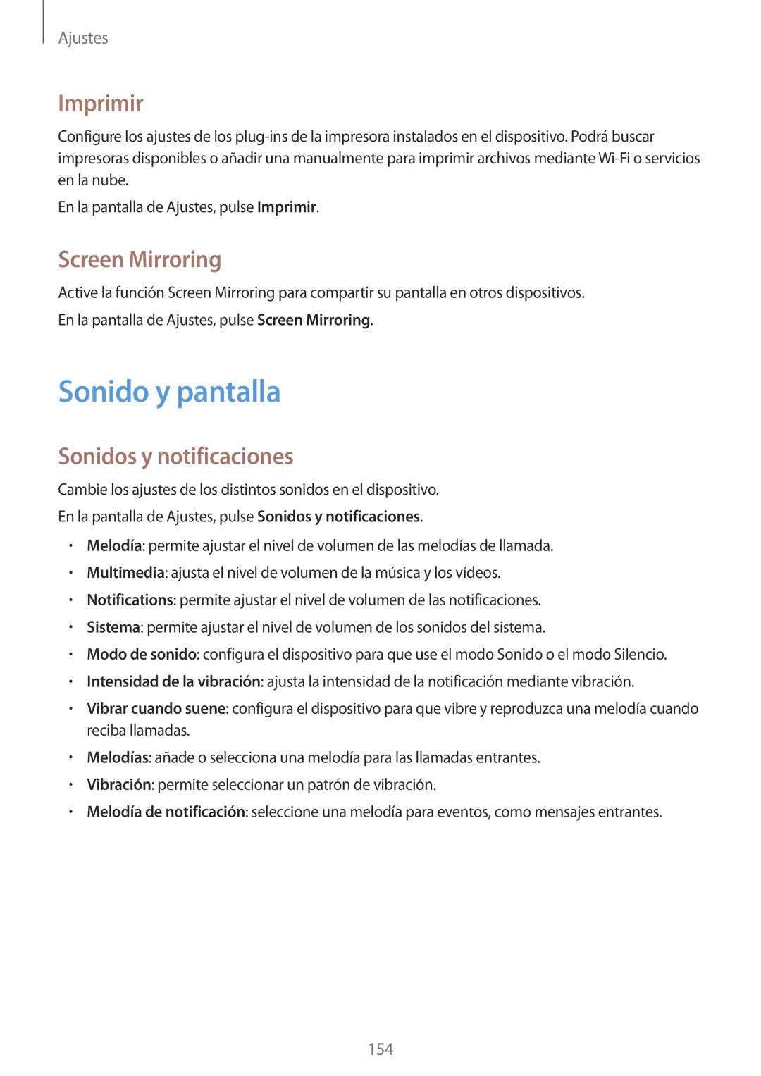 Samsung SM-G901FZBADTM, SM-G901FZKADBT manual Sonido y pantalla, Imprimir, Screen Mirroring, Sonidos y notificaciones 