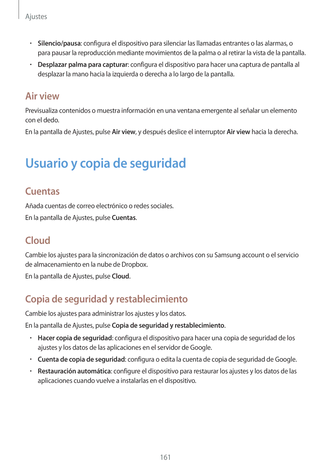 Samsung SM-G901FZBADTM manual Usuario y copia de seguridad, Air view, Cuentas, Cloud, Copia de seguridad y restablecimiento 