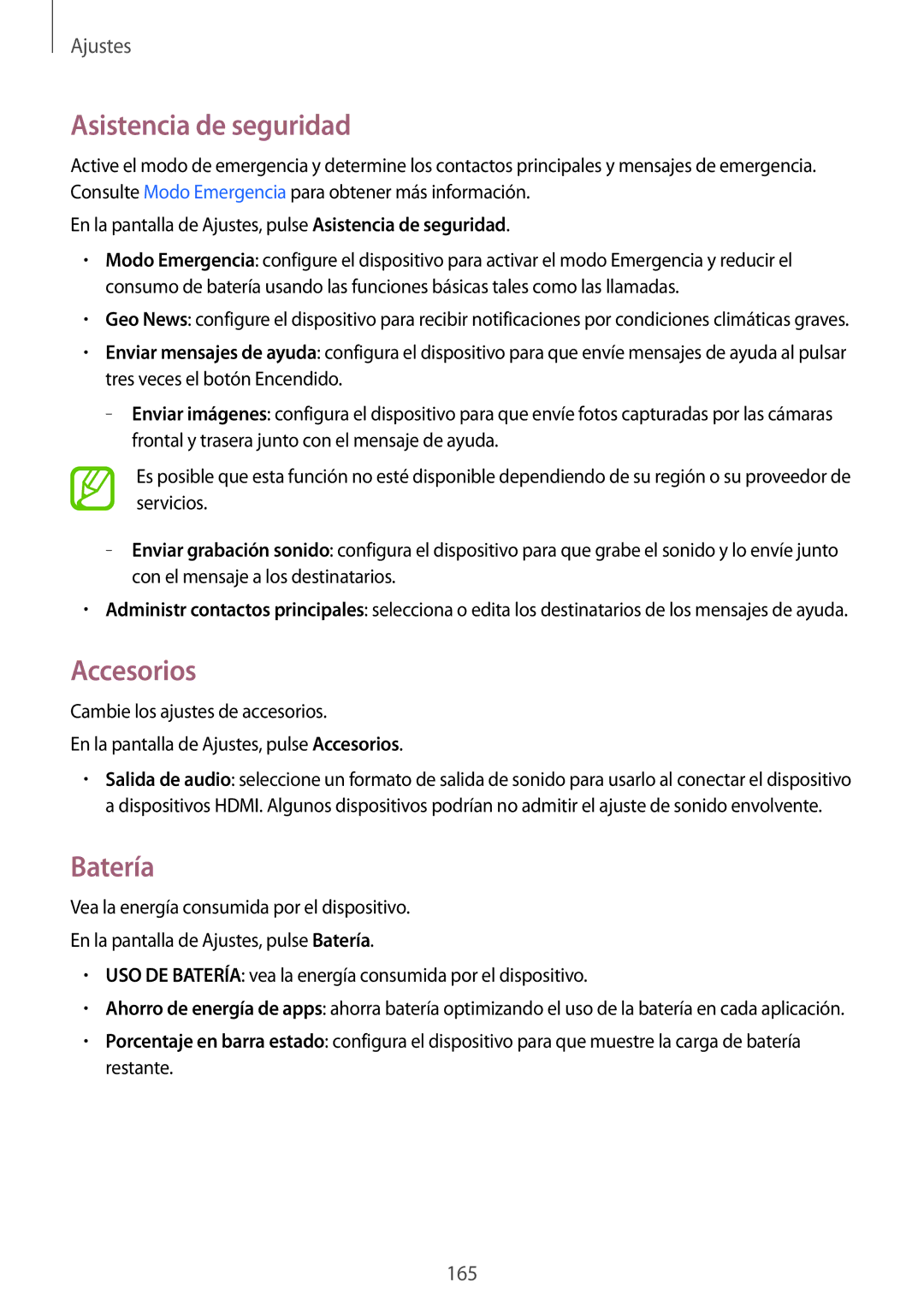 Samsung SM-G901FZDAATL, SM-G901FZBADTM, SM-G901FZKADBT, SM-G901FZDADTM manual Asistencia de seguridad, Accesorios, Batería 