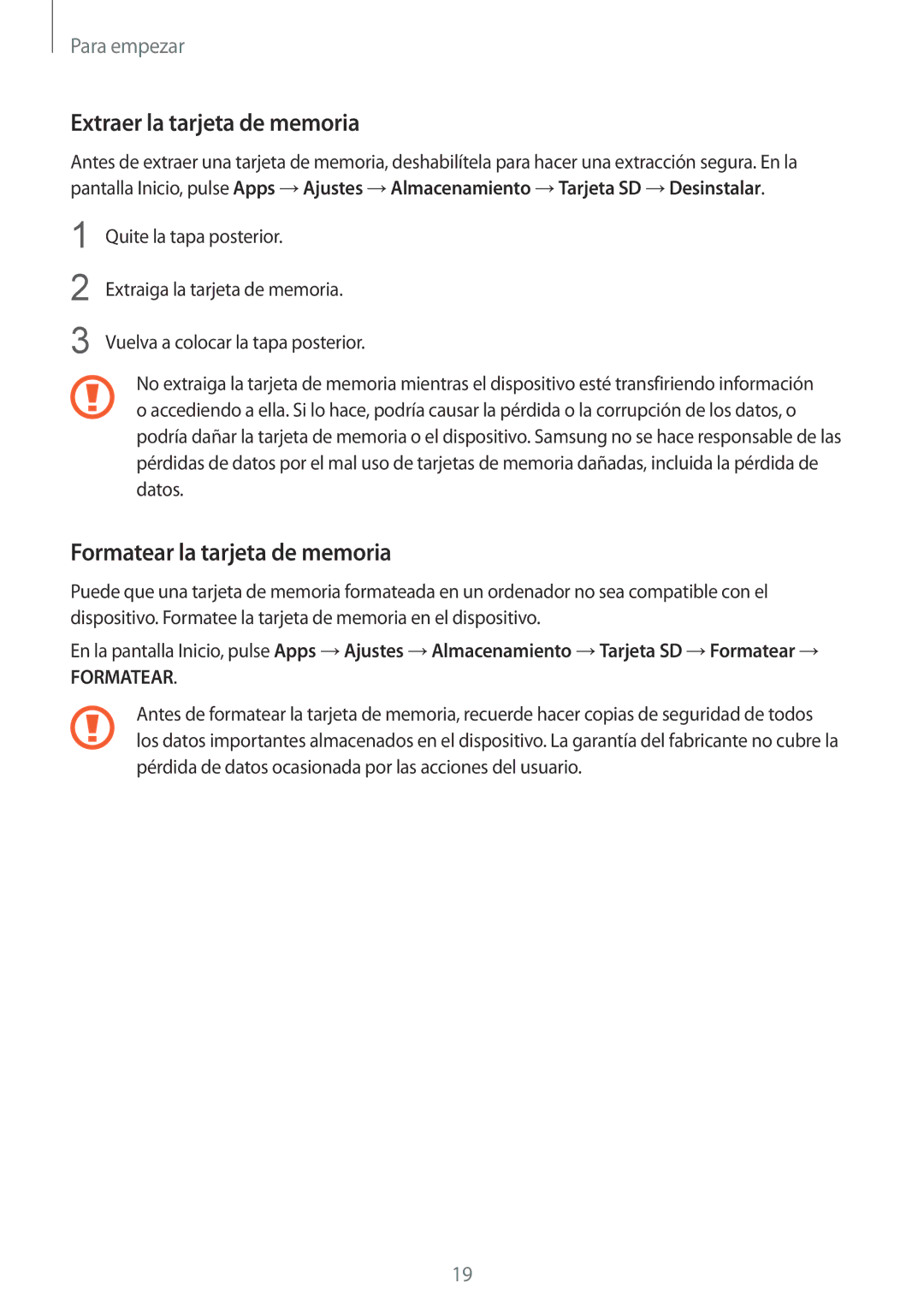 Samsung SM-G901FZWAATL, SM-G901FZBADTM, SM-G901FZKADBT manual Extraer la tarjeta de memoria, Formatear la tarjeta de memoria 