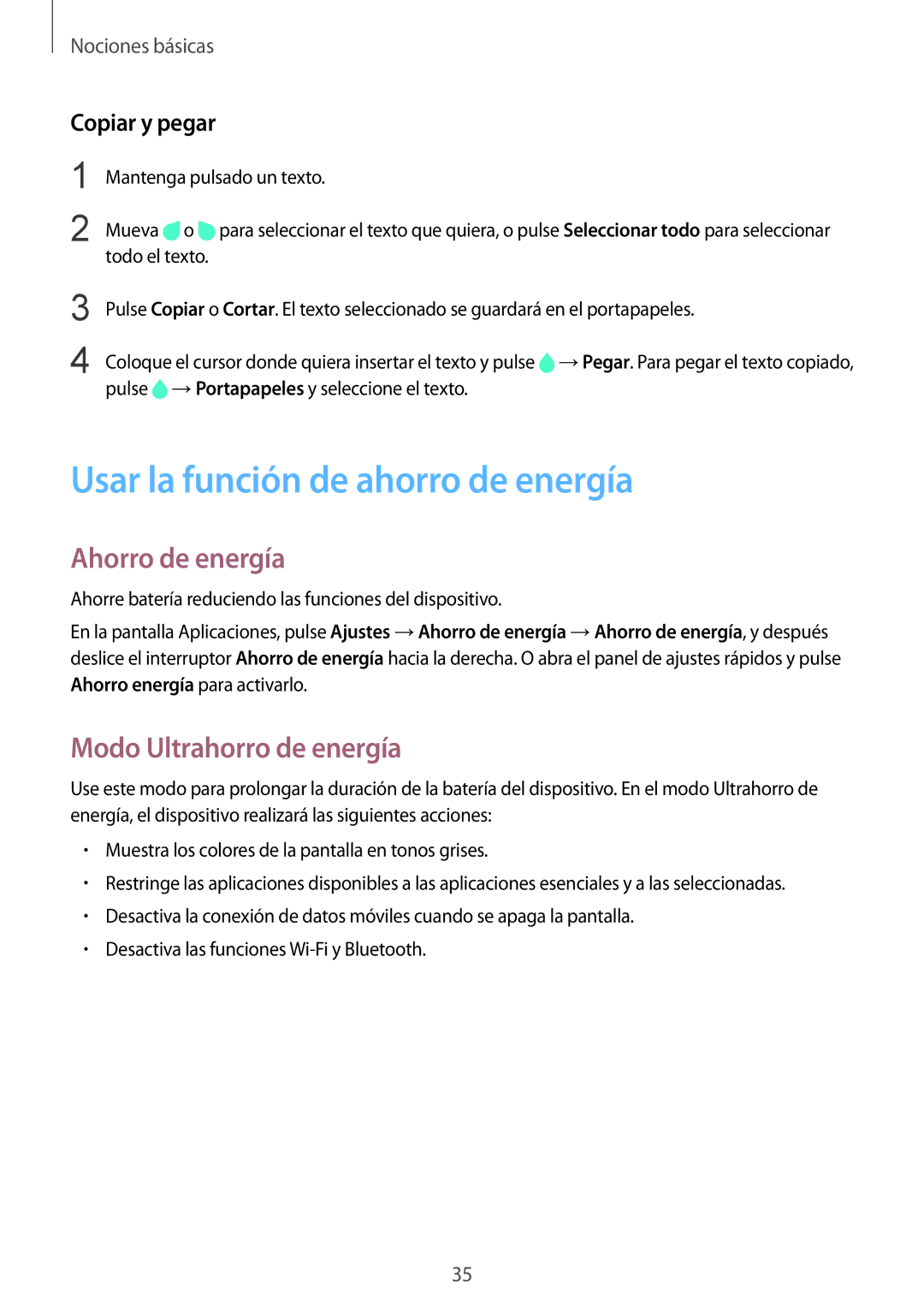 Samsung SM-G901FZBADTM Usar la función de ahorro de energía, Ahorro de energía, Modo Ultrahorro de energía, Copiar y pegar 