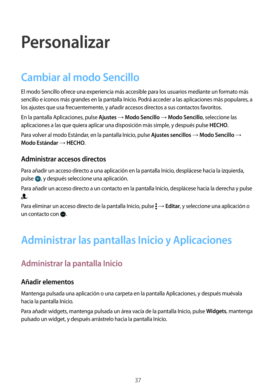 Samsung SM-G901FZDADTM manual Personalizar, Cambiar al modo Sencillo, Administrar las pantallas Inicio y Aplicaciones 