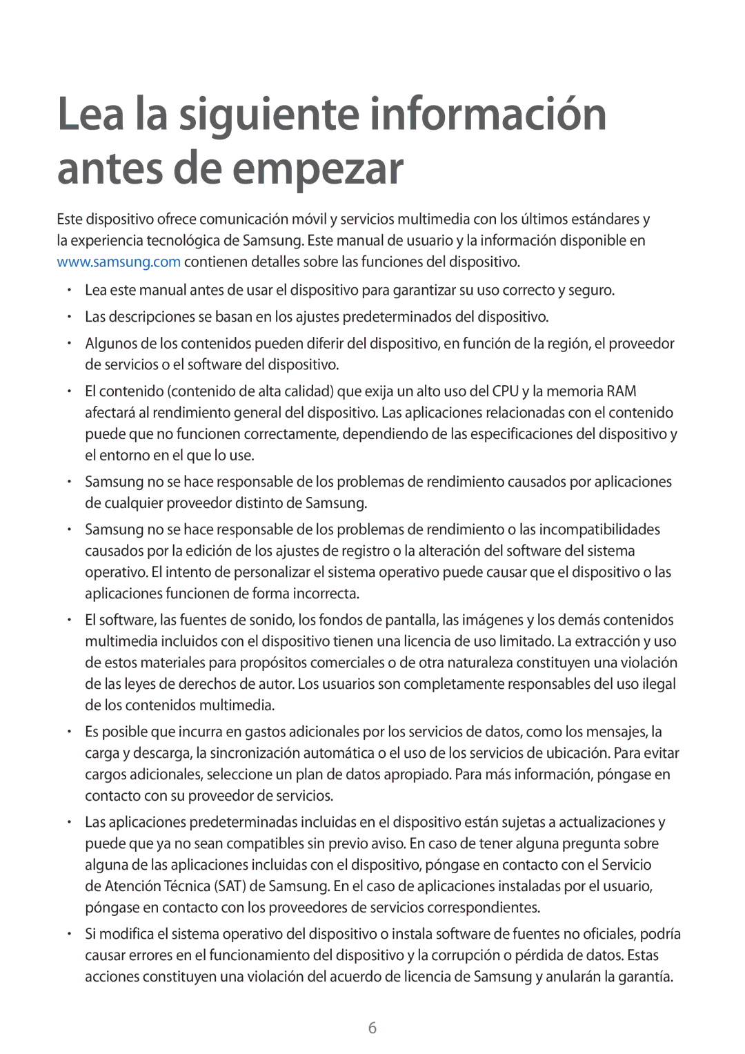 Samsung SM-G901FZKAATL, SM-G901FZBADTM, SM-G901FZKADBT, SM-G901FZDADTM manual Lea la siguiente información antes de empezar 