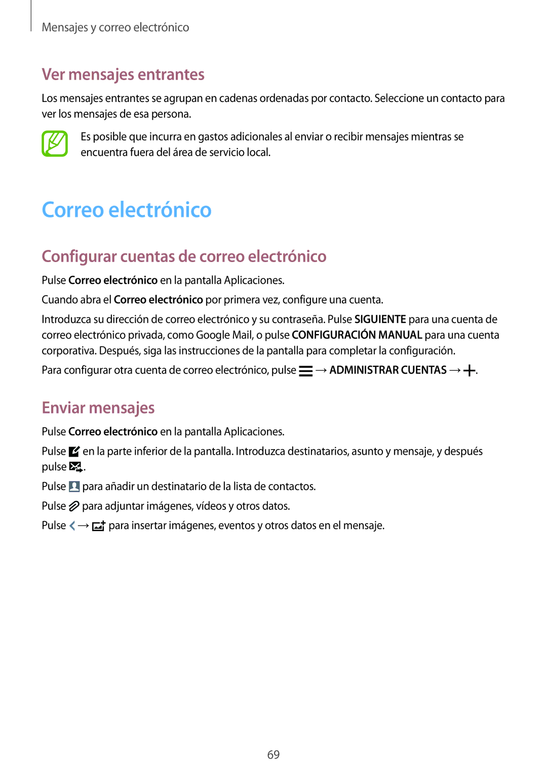 Samsung SM-G901FZKAATL manual Correo electrónico, Ver mensajes entrantes, Configurar cuentas de correo electrónico 