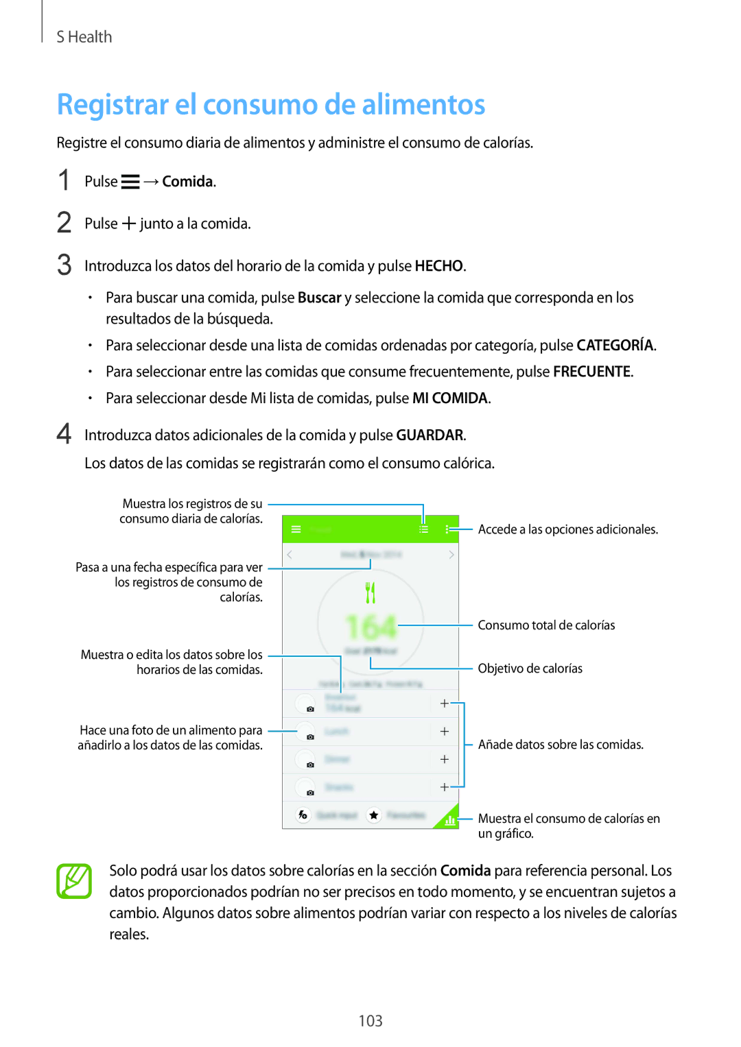 Samsung SM-G901FZWAATL, SM-G901FZBADTM, SM-G901FZKADBT, SM-G901FZDADTM manual Registrar el consumo de alimentos, Calorías 