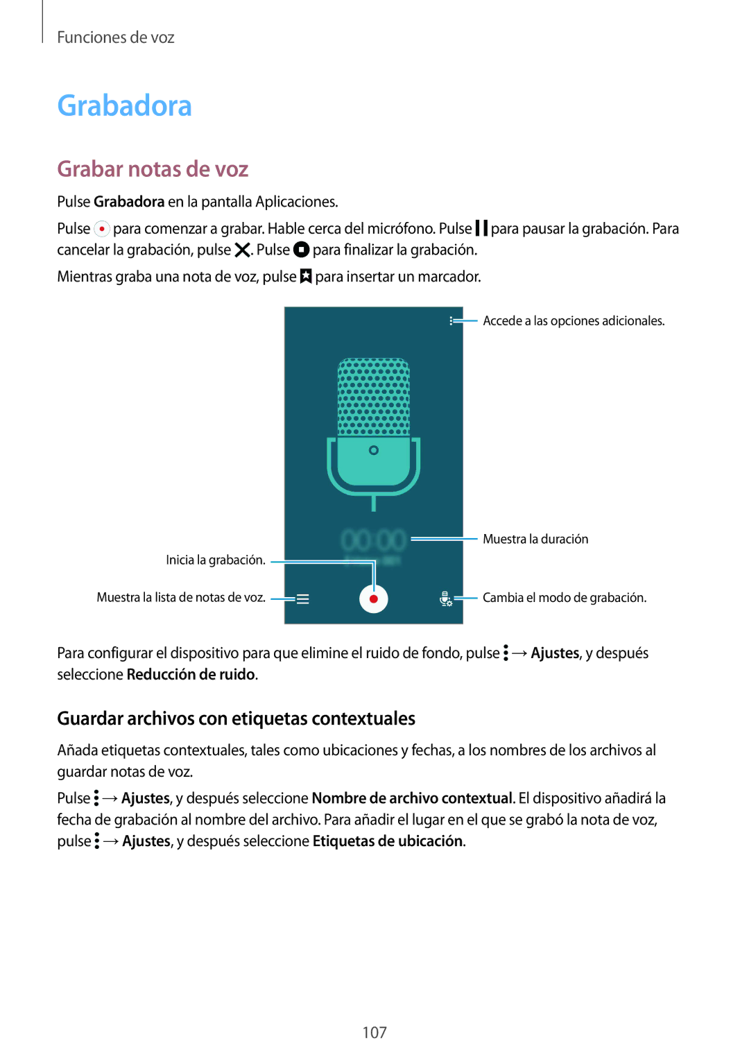 Samsung SM-G901FZDADTM, SM-G901FZBADTM manual Grabadora, Grabar notas de voz, Guardar archivos con etiquetas contextuales 