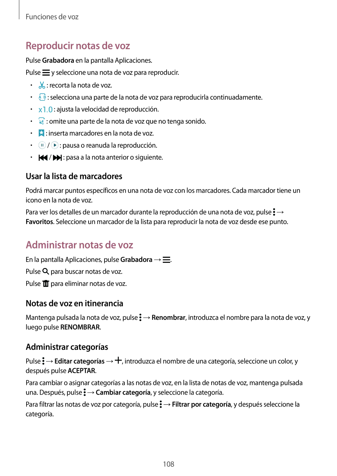 Samsung SM-G901FZKABOG, SM-G901FZBADTM manual Reproducir notas de voz, Administrar notas de voz, Usar la lista de marcadores 