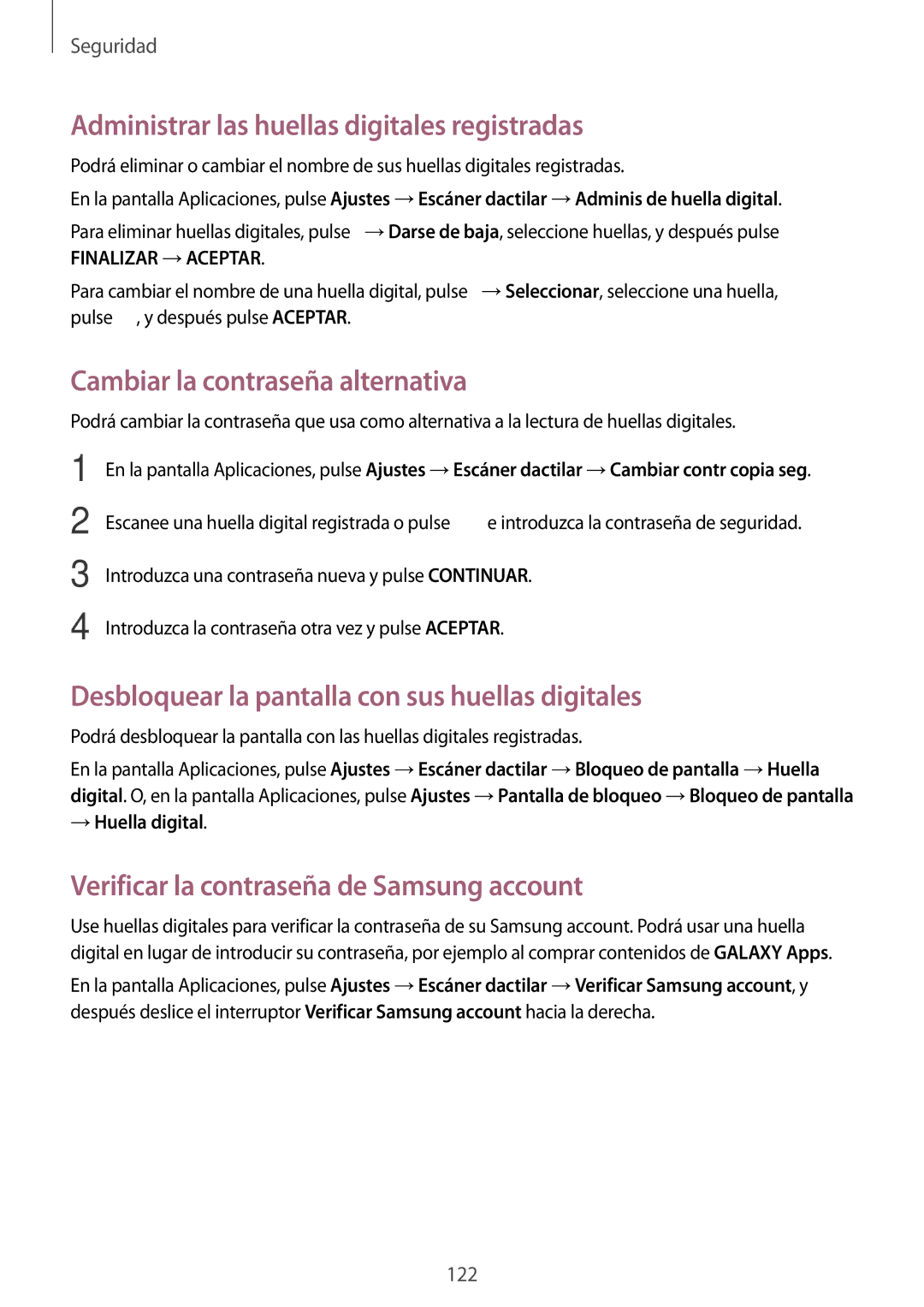 Samsung SM-G901FZKABOG Administrar las huellas digitales registradas, Cambiar la contraseña alternativa, → Huella digital 